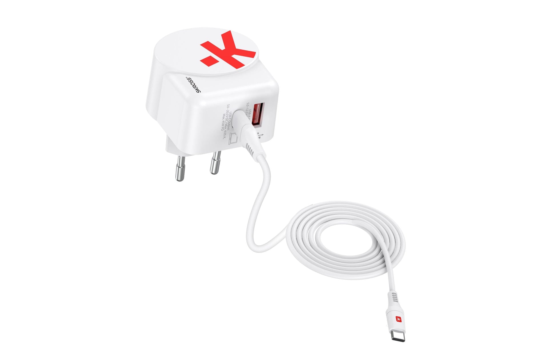 Skross AC45PD USB-Ladegerät 45 W – USB-C×1, USB-A×1 – PD, GaN – EU-Stecker (Typ C) – Weiss