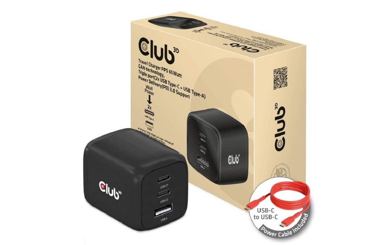 CLUB3D Club 3D CAC-1913EU USB-Ladegerät 65 W – USB-C×2, USB-A×1 – PD, PPS, GaN – Schwarz