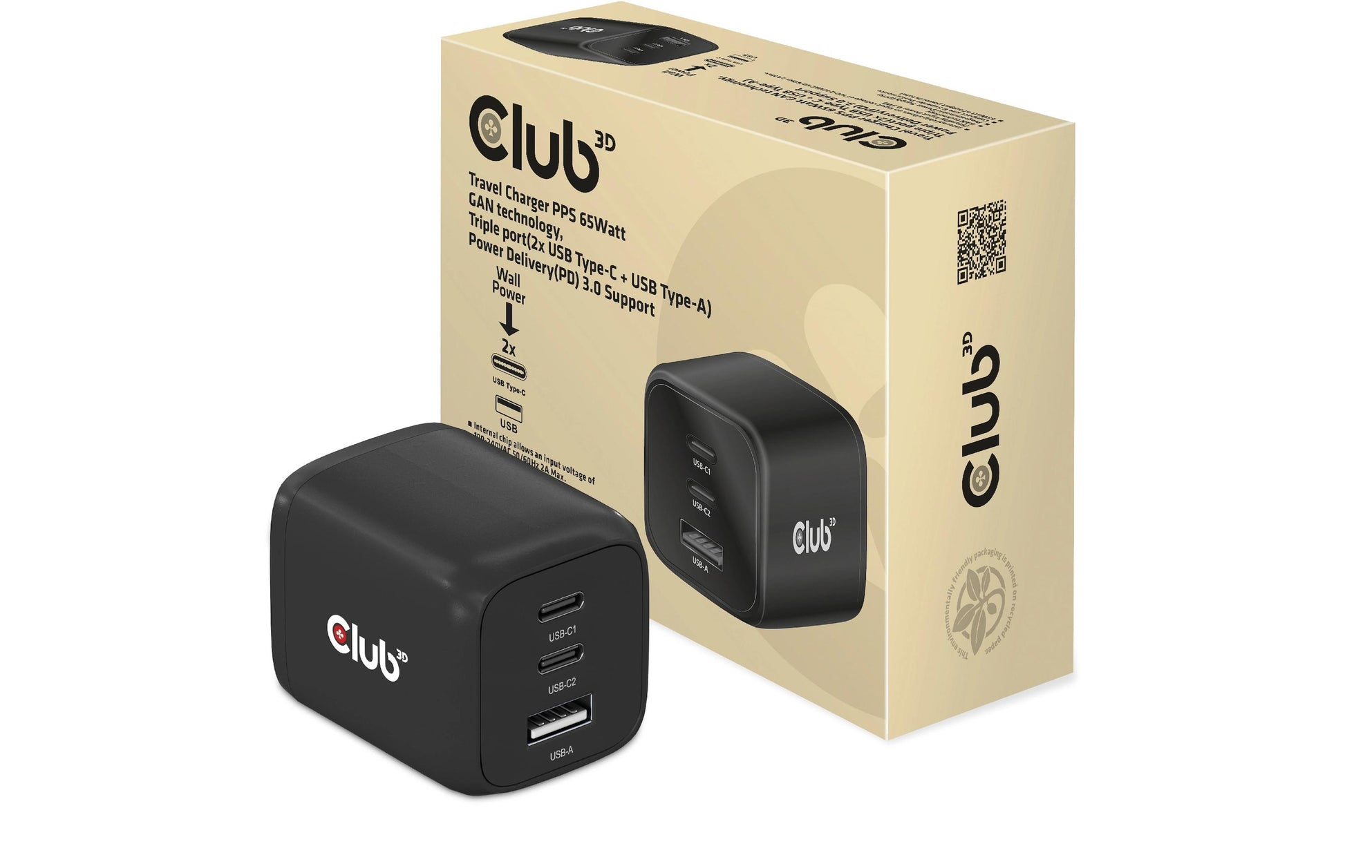 CLUB3D Club 3D CAC-1913EU USB-Ladegerät 65 W – USB-C×2, USB-A×1 – PD, PPS, GaN – Schwarz