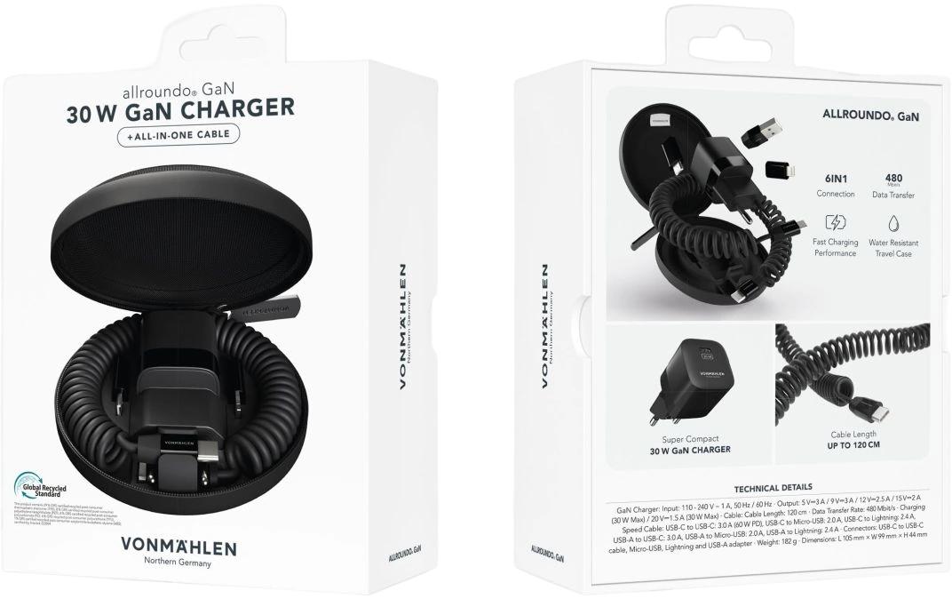 Vonmählen Allroundo GaN Ladekabel – 1× USB-C + 1× Lightning, 0,9 m – für Lightning-Geräte