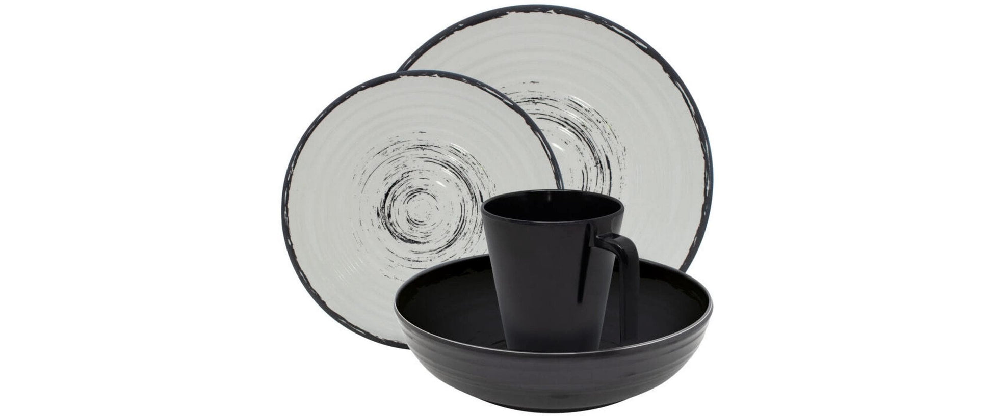 Eurotrail Isla Antirutsch Geschirrset – 16-teiliges Set, Ø 27 cm, Melamin, Schwarz/Natur