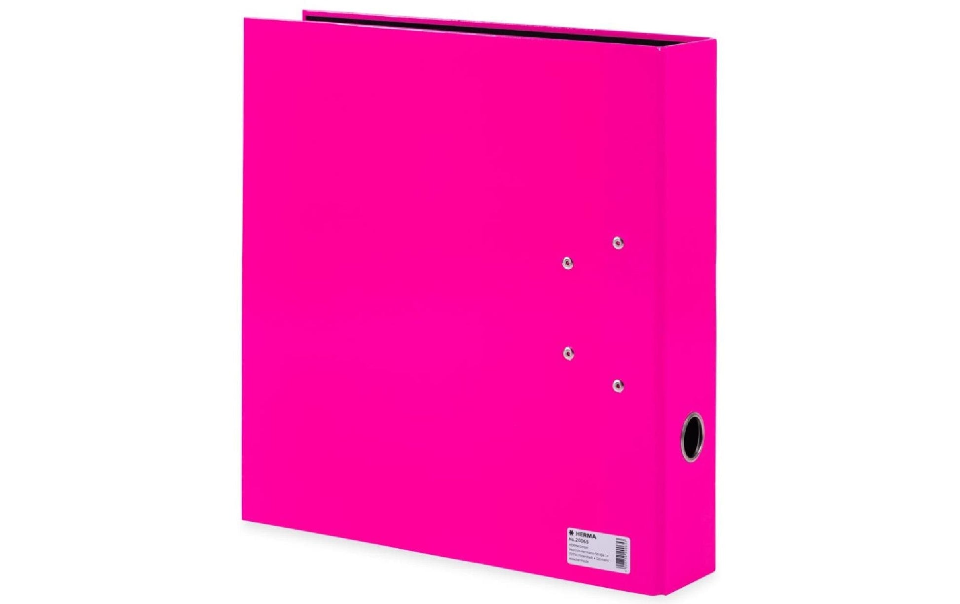 HERMA Ordner – A4 hoch – 2-Ring Hebelmechanik, Rücken 70 mm – neonpink, mit Niederhalter, mit Griffloch