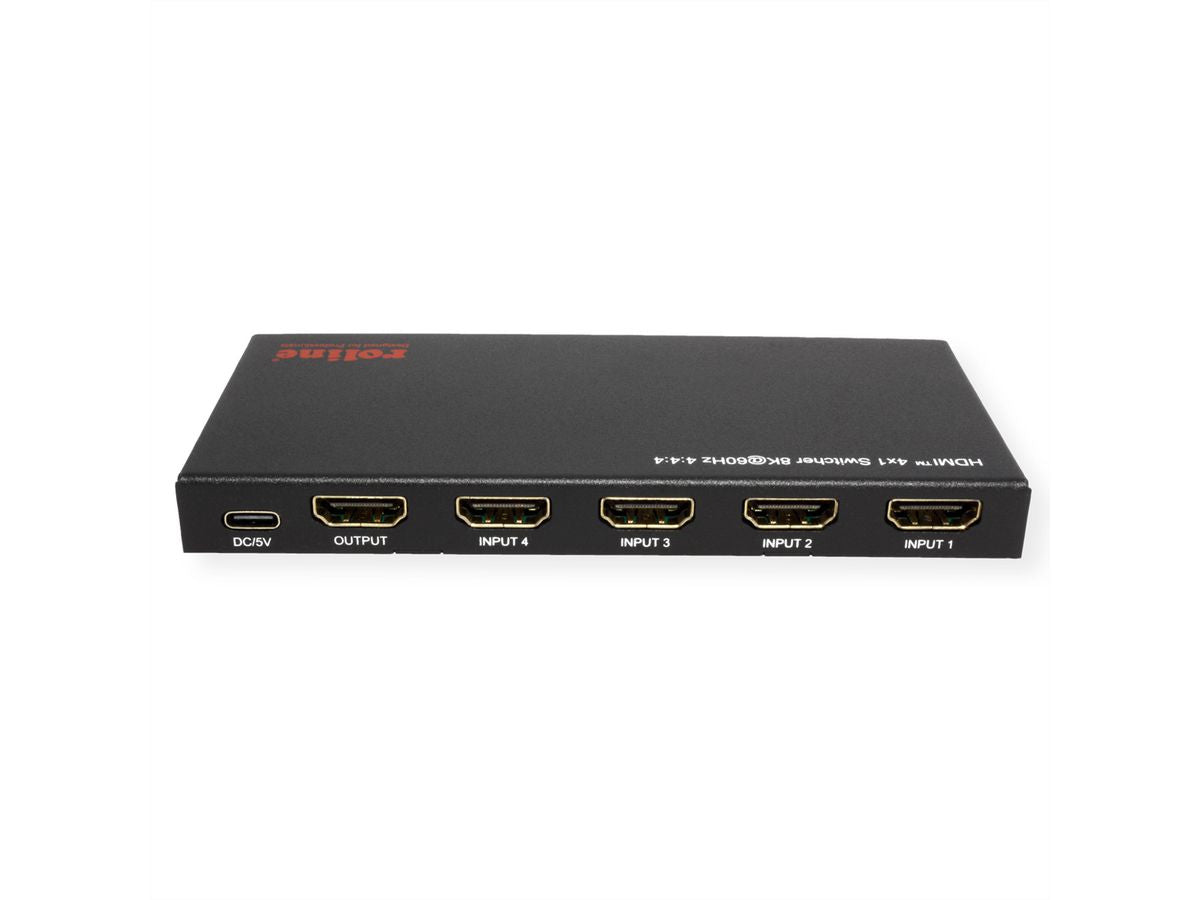 ROLINE HDMI Switch, 4×1, 8K@60 Hz, HDCP 2.3, IR-Fernbedienung, Schwarz