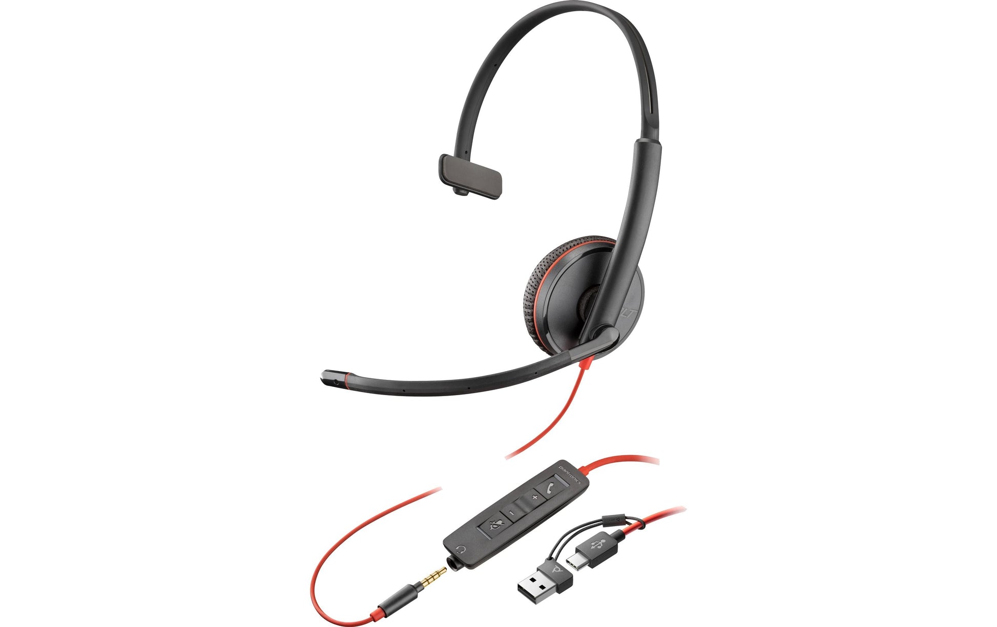 Poly Blackwire 3215 Office-Headset – On-Ear, Mono, 3,5 mm Kabel, USB-C mit USB-A Adapter, Schwarz
