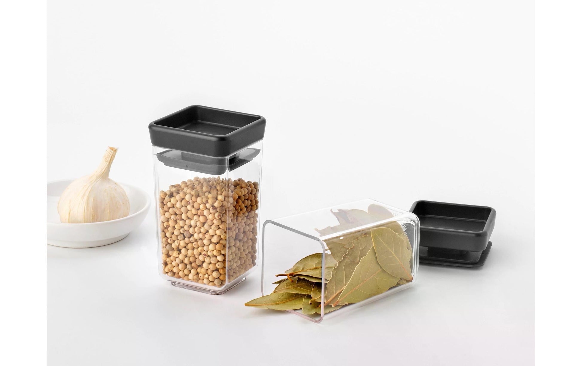 Brabantia Vorratsdose 0,15 l, 5,7 × 5,7 × 10,6 cm, Kunststoff, transparent/dunkelgrau, 2 Stk.