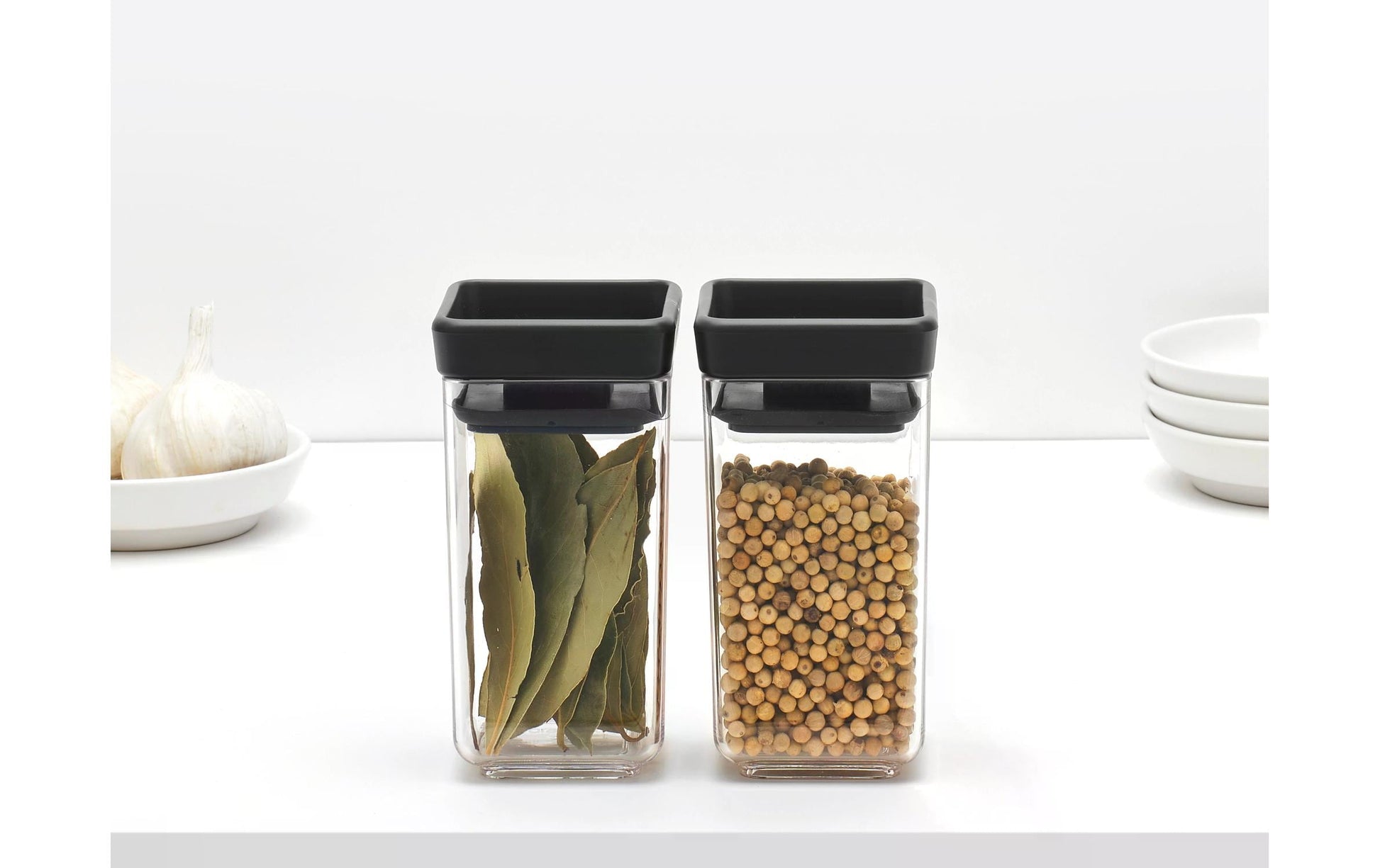 Brabantia Vorratsdose 0,15 l, 5,7 × 5,7 × 10,6 cm, Kunststoff, transparent/dunkelgrau, 2 Stk.