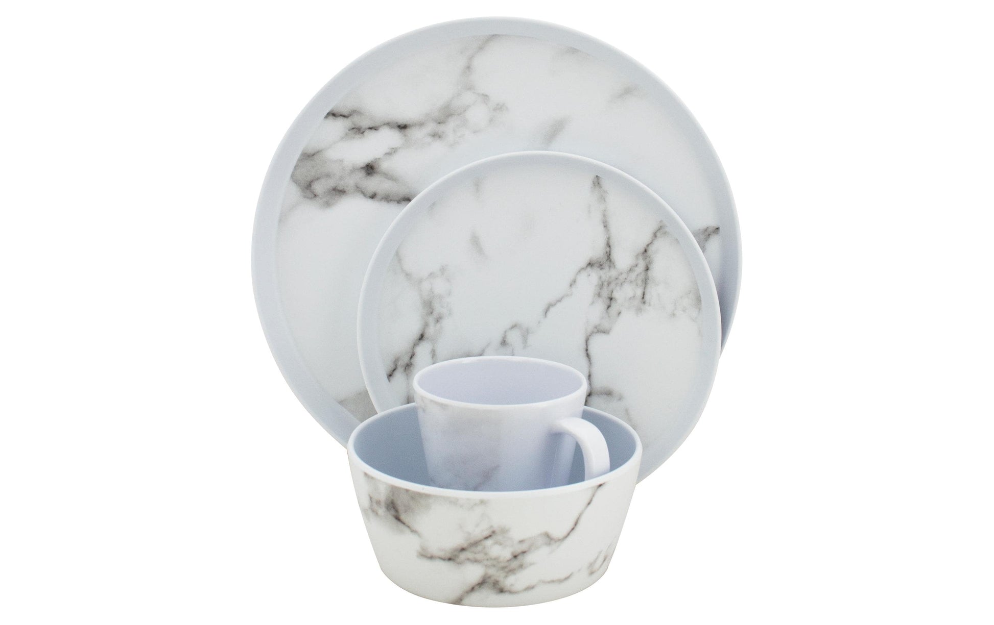 Eurotrail Geschirrset Marble ETKW2071 – 16-teiliges Set, Ø 27 cm, Melamin, Weiss