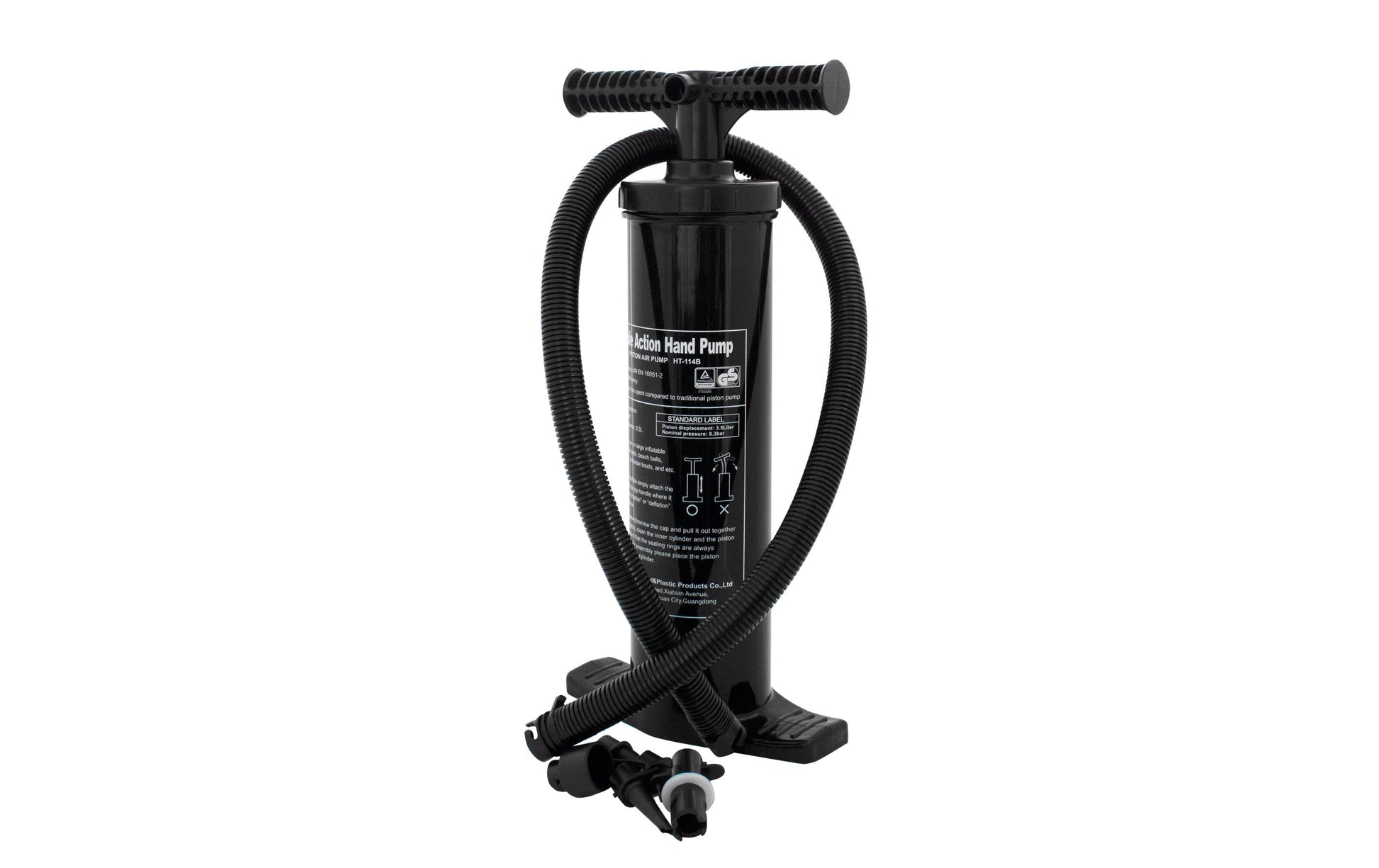Eurotrail Doppelhubpumpe 2 l Boden-Luftpumpe – Höhe 470 mm, 4 Ventiladapter – für Schlauchboote