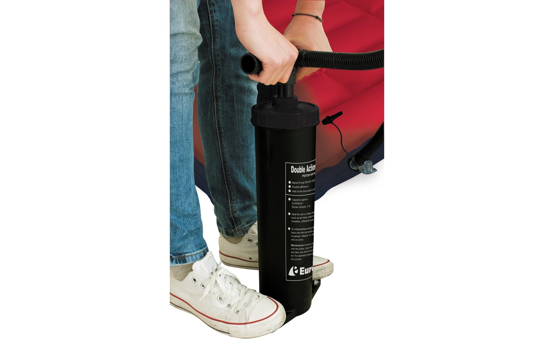 Eurotrail Doppelhubpumpe 2 l Boden-Luftpumpe – Höhe 470 mm, 4 Ventiladapter – für Schlauchboote