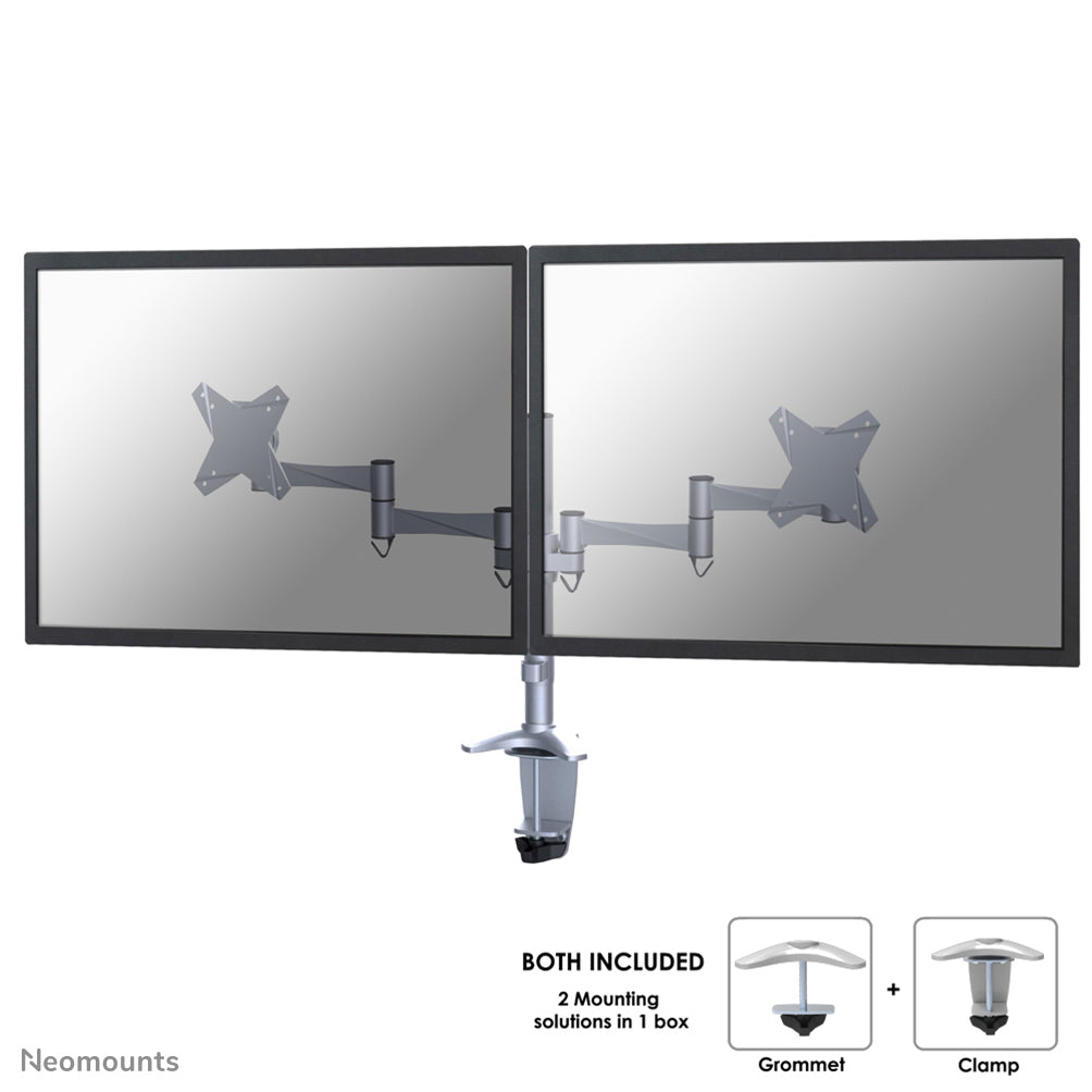 Neomounts Monitorarm, Dual, Tischklemme/Tischdurchführung, bis 27", VESA 75 × 75/100 × 100 mm, 9 kg, silber