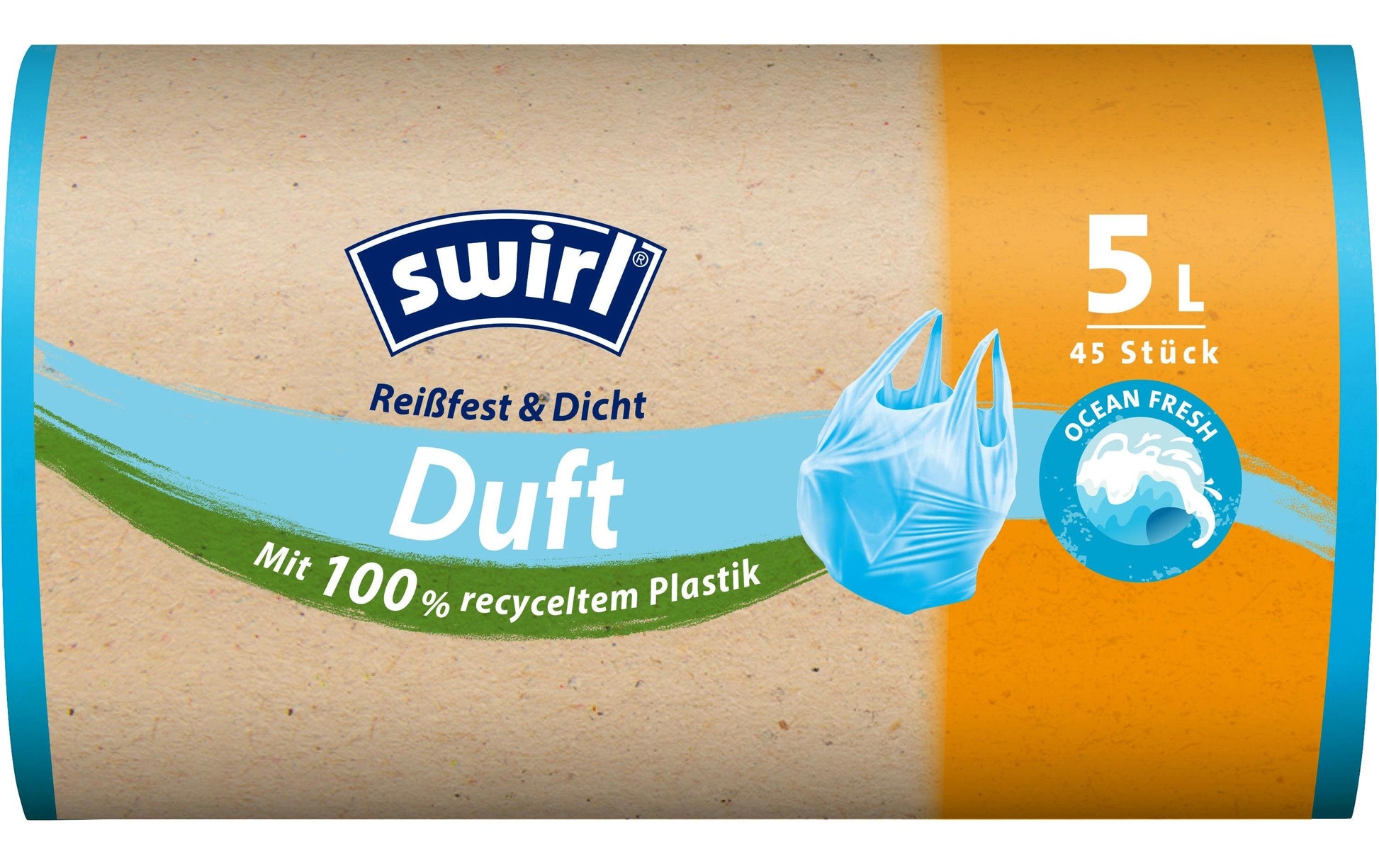 Swirl Kehrichtsack – 5 L, mit Zugband, PE, Blau, 330 × 360 mm, 45 Stk