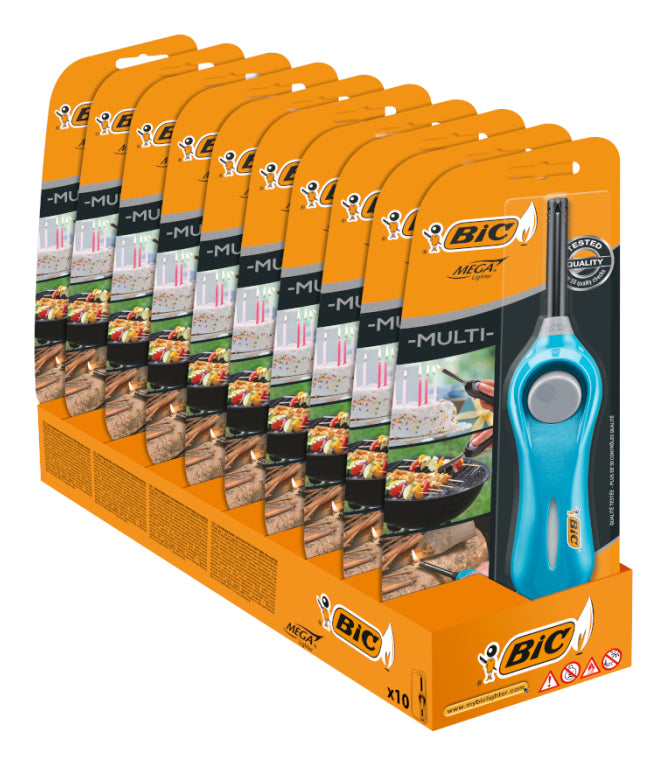 BIC Feuerzeug Megalighter U140 – ergonomischer Griff, Druckknopf-Zündung – Kunststoff – mehrfarbig