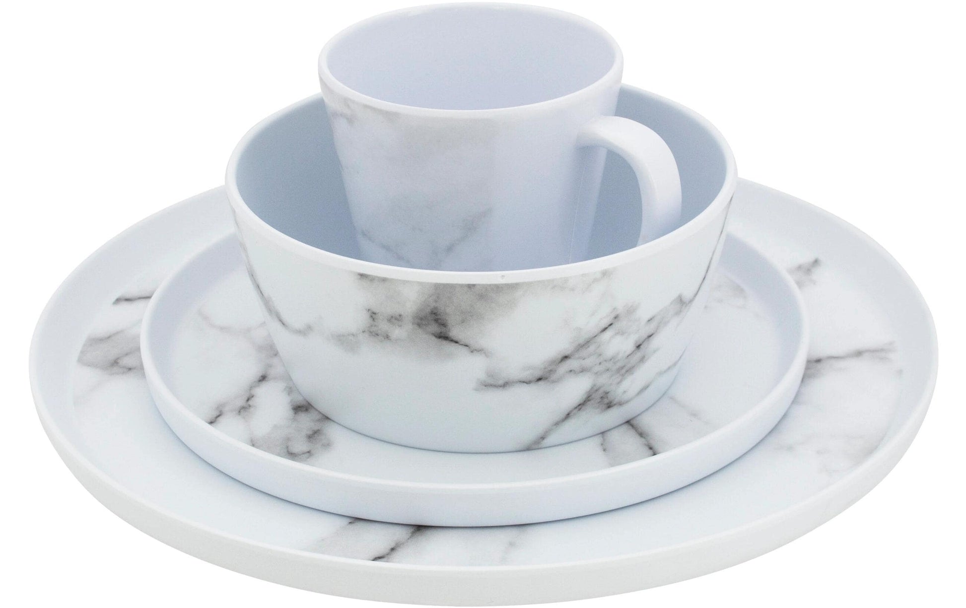 Eurotrail Geschirrset Marble ETKW2071 – 16-teiliges Set, Ø 27 cm, Melamin, Weiss