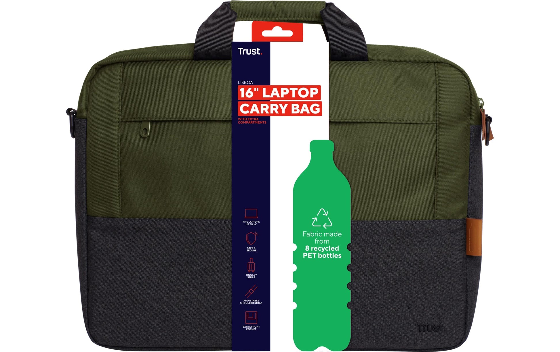 Trust Notebook-Tasche bis 16" – Wasserdicht, abnehmbarer Schultergurt – Grün