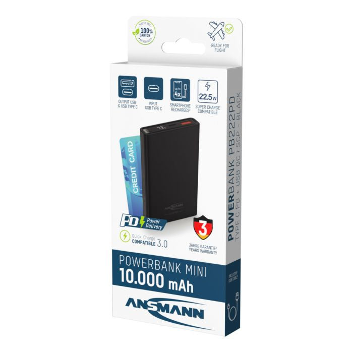 Ansmann PB222PD Powerbank 10'000 mAh – 22,5 W PD, 1× USB-C, 1× USB-A, schwarz