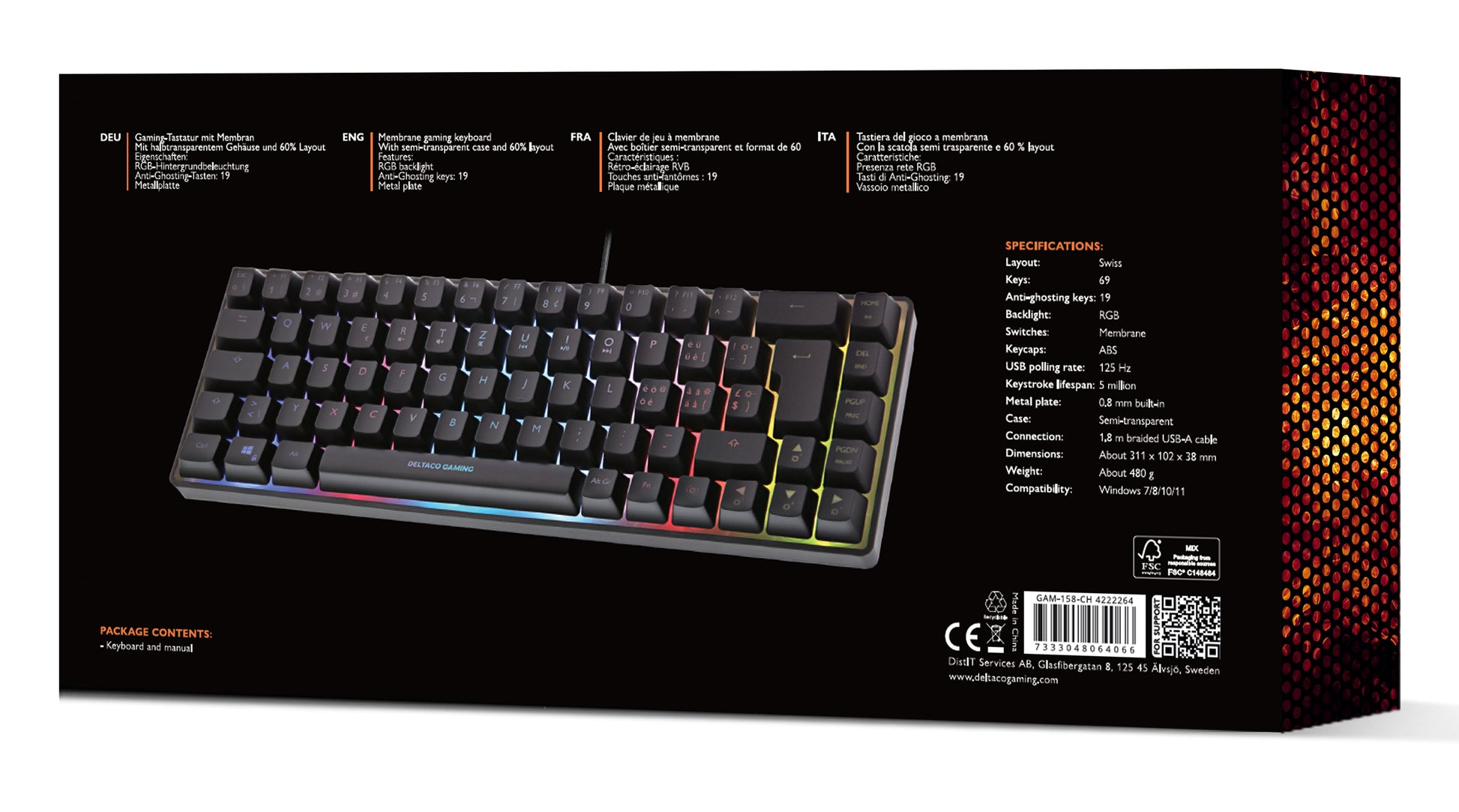 Deltaco Gaming GAM-158-CH – Gaming-Tastatur 60% – Membran, RGB – USB-A kabelgebunden – QWERTZ (CH)