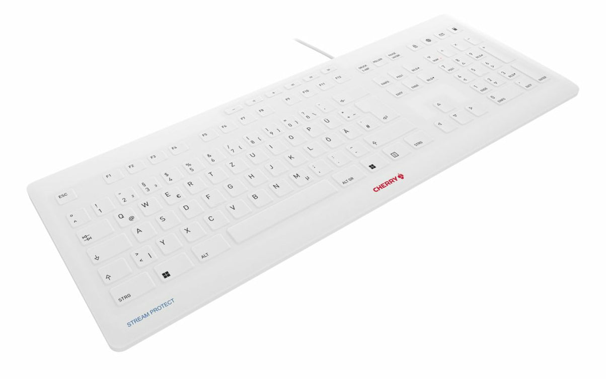 CHERRY Stream Protect – Tastatur – QWERTY (UK) – USB (kabelgebunden), Full-Size, Scherenschalter, Weiss