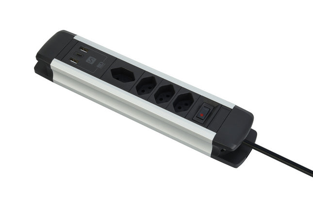 M. Schönenberger Schönenberger Alu-Office-Line Tischsteckdosenleiste, 4×T13, 2×USB-A + 1×USB-C, mit Schalter, 2 m – Schwarz