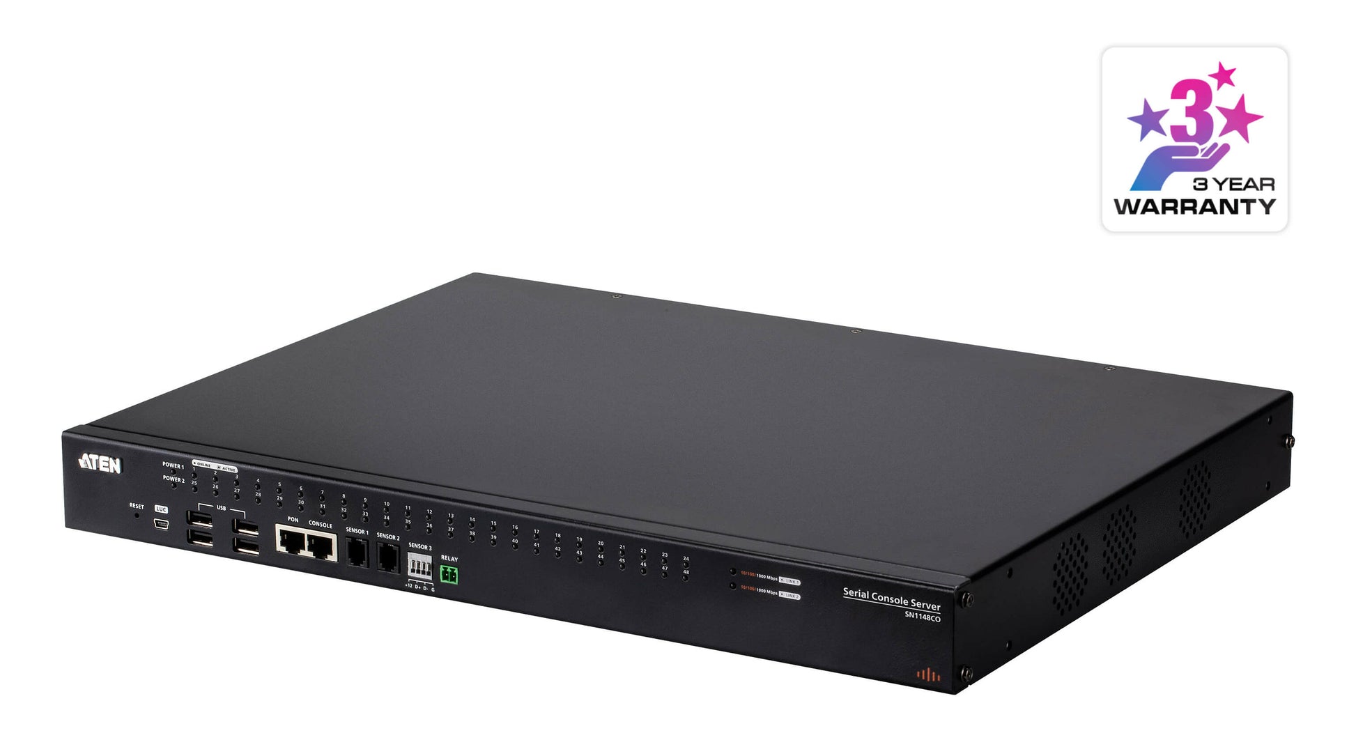 ATEN SN1148CO Serieller Konsolenserver – 48× serielle Ports, 2× SFP, 4× USB 2.0, Dual Power – Schwarz