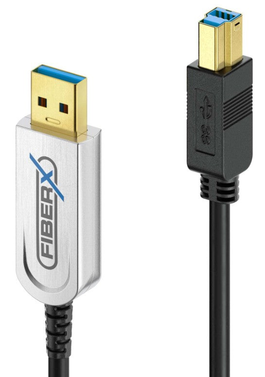 FiberX USB-A auf USB-B Kabel – USB 3.2 Gen 2 (10 Gbit/s) – 50 m – PD 4,5 W – Aktiv/optisch – Schwarz/Silber