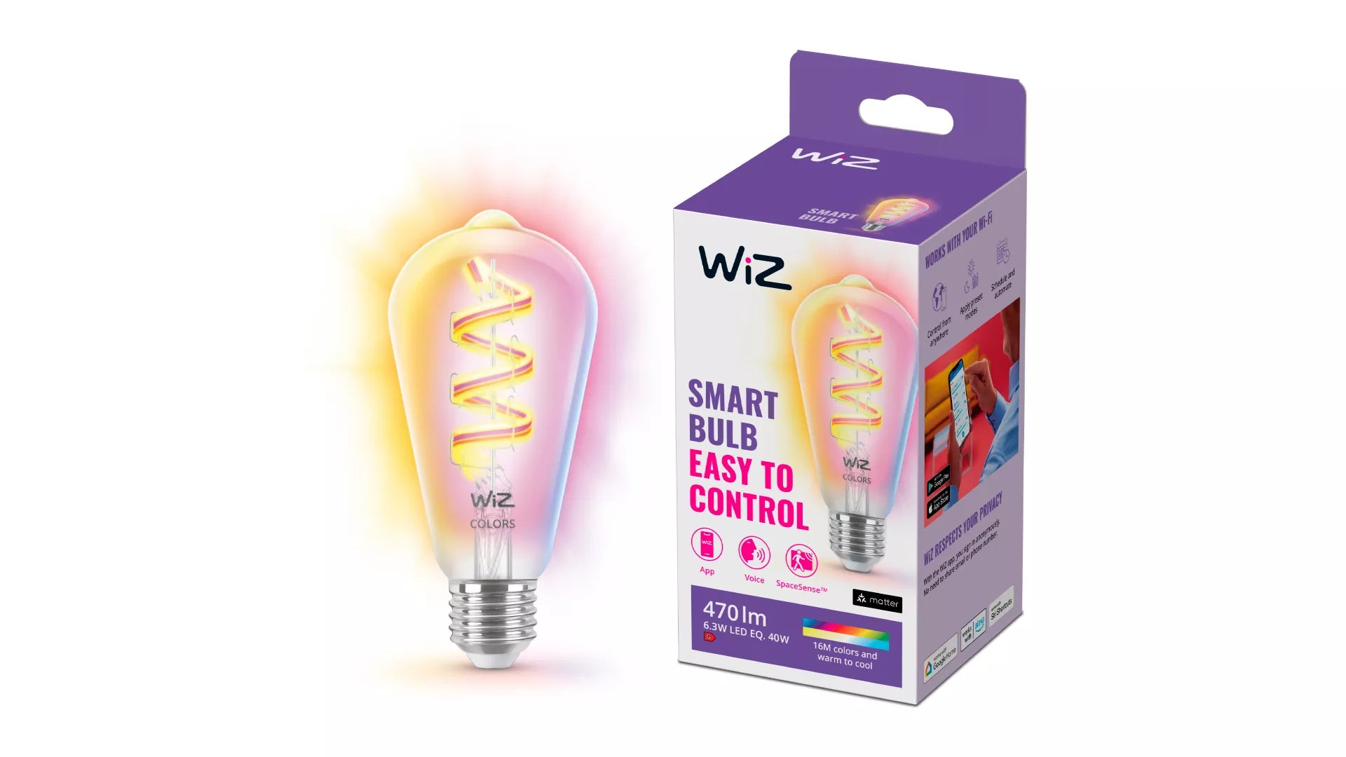 WiZ Smart-Leuchtmittel E27 ST64 – 470 lm, 2200–6500 K/mehrfarbig, WLAN/App, dimmbar – 1-Pack