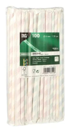 Papstar Papierstrohhalme, Ø 6 mm 20 cm, mehrfarbig – FSC – 100 Stk.