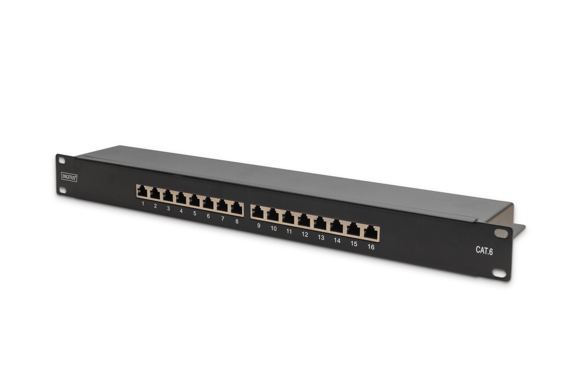 Digitus Patchpanel CAT 6 – 16× RJ‑45, geschirmt, 1U, Schwarz