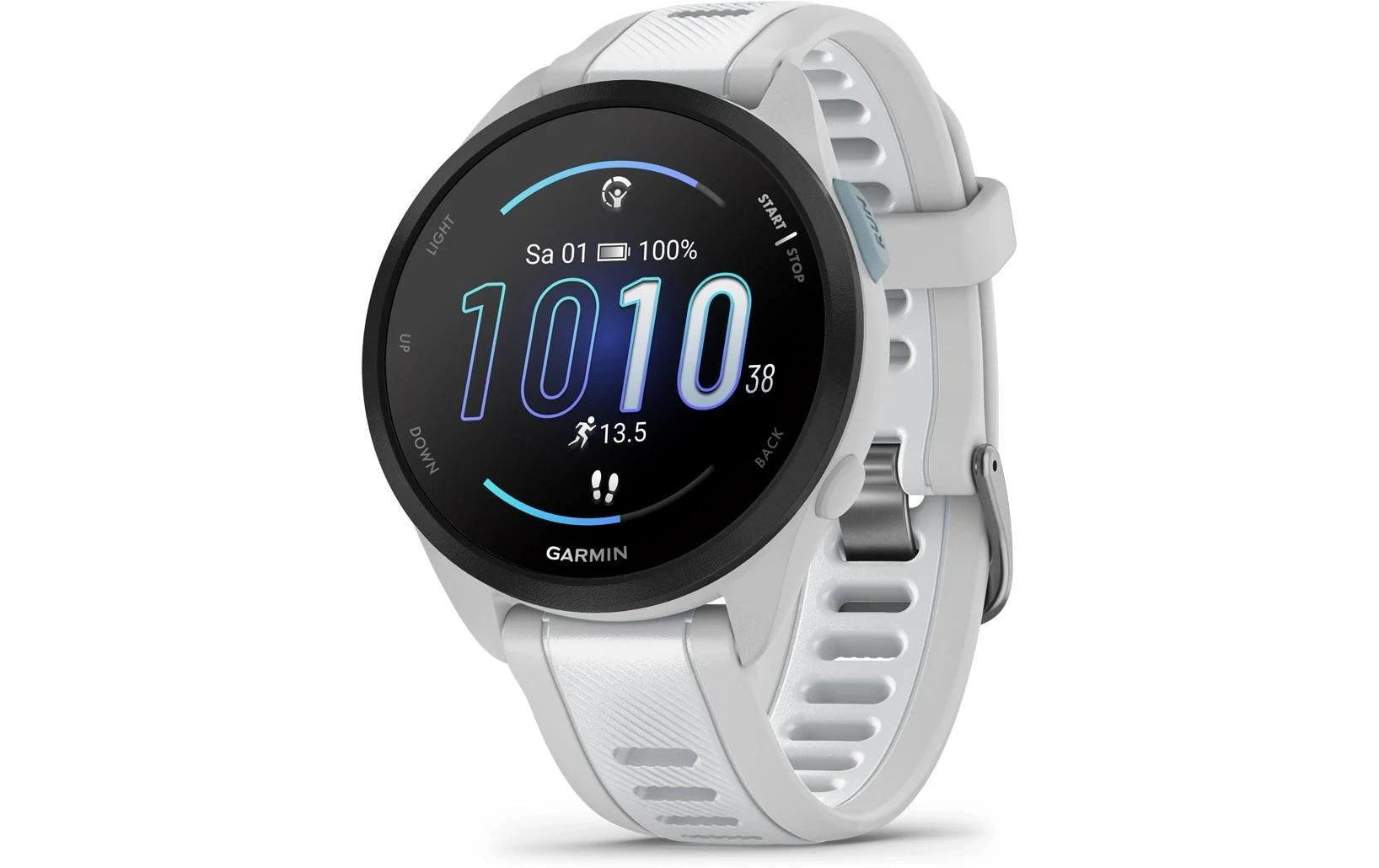 Garmin Forerunner 165 – GPS-Smartwatch – 43 mm, 1,2", GPS, AMOLED, 5 ATM, Hellgrau/Weiss, Sportarmband
