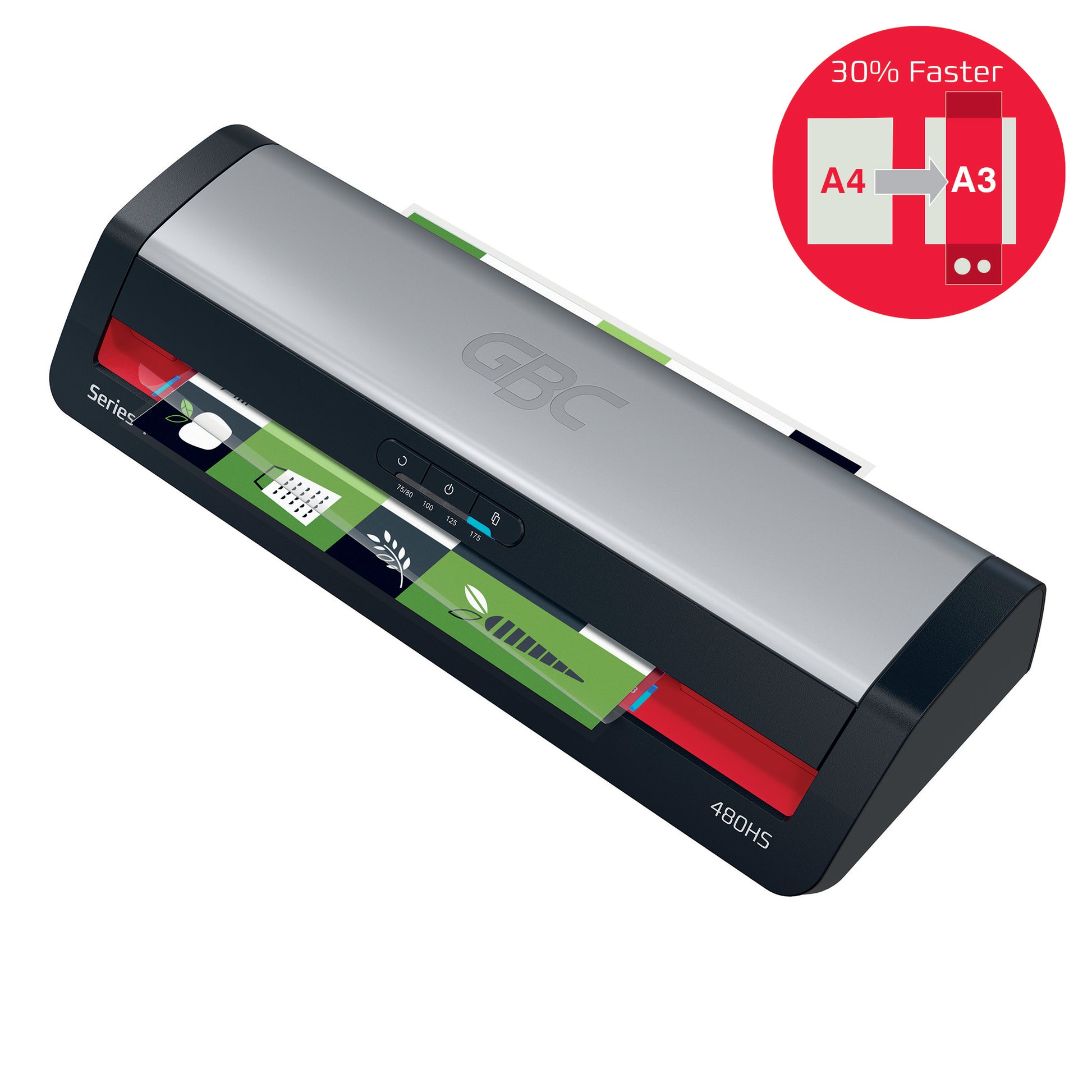 GBC 480HS Laminiergerät A3 – 2-Rollen, 75–175 µm, Aufheizzeit 1 Min., 800 mm/min, schwarz/silber/rot