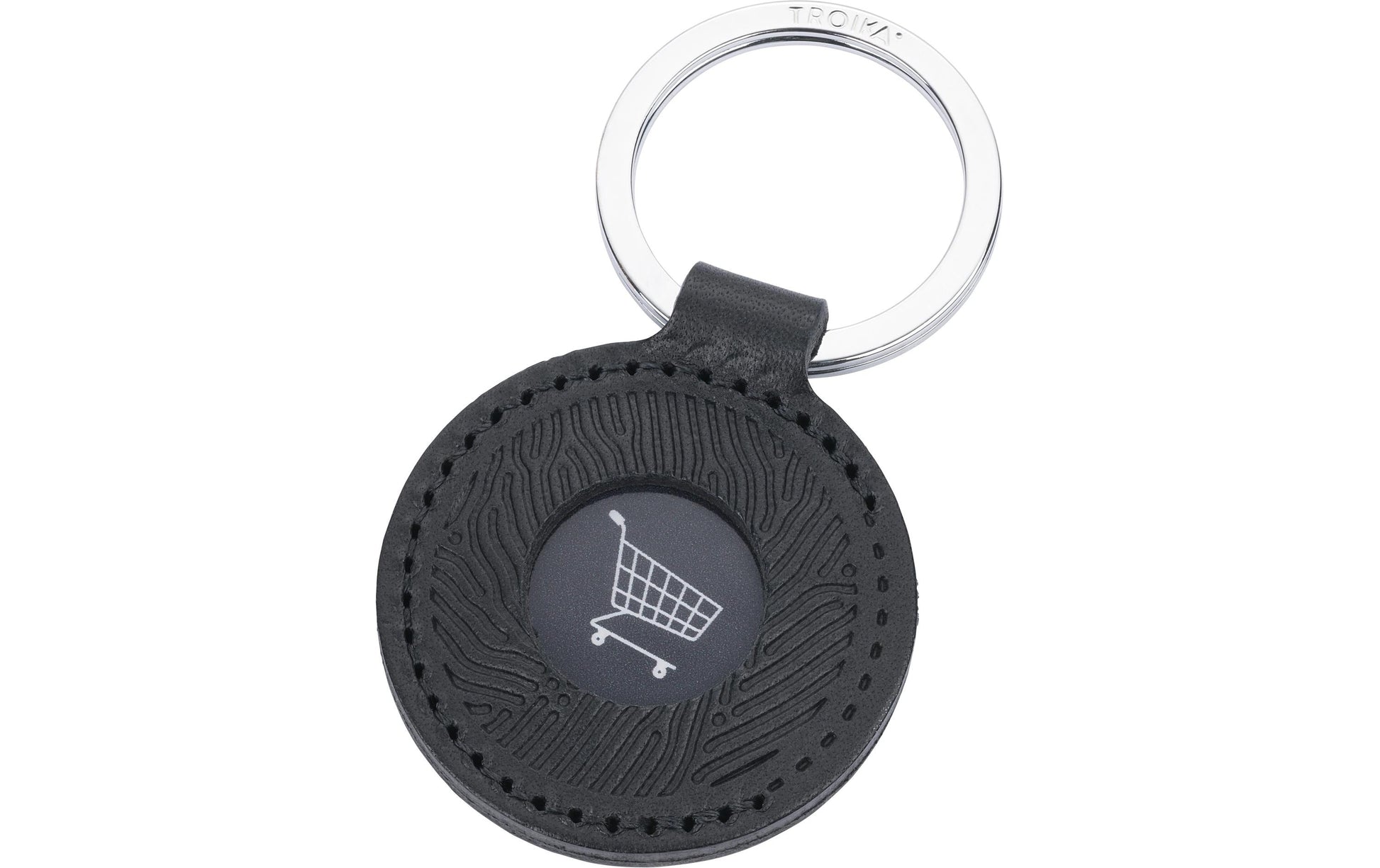 TROIKA Schlüsselring Coin Adventure – mit Einkaufschip, Leder, Schwarz, Ø 45 mm