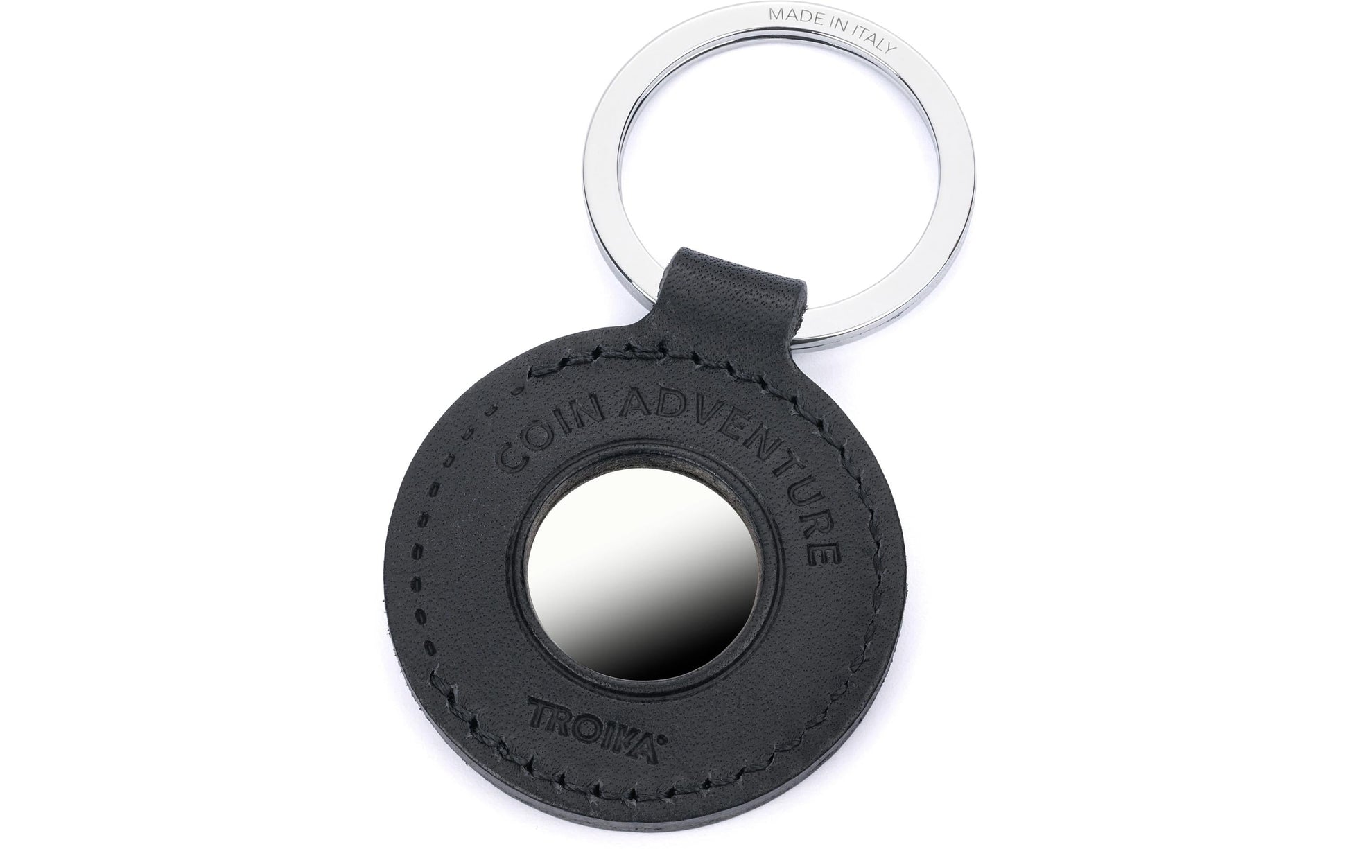 TROIKA Schlüsselring Coin Adventure – mit Einkaufschip, Leder, Schwarz, Ø 45 mm