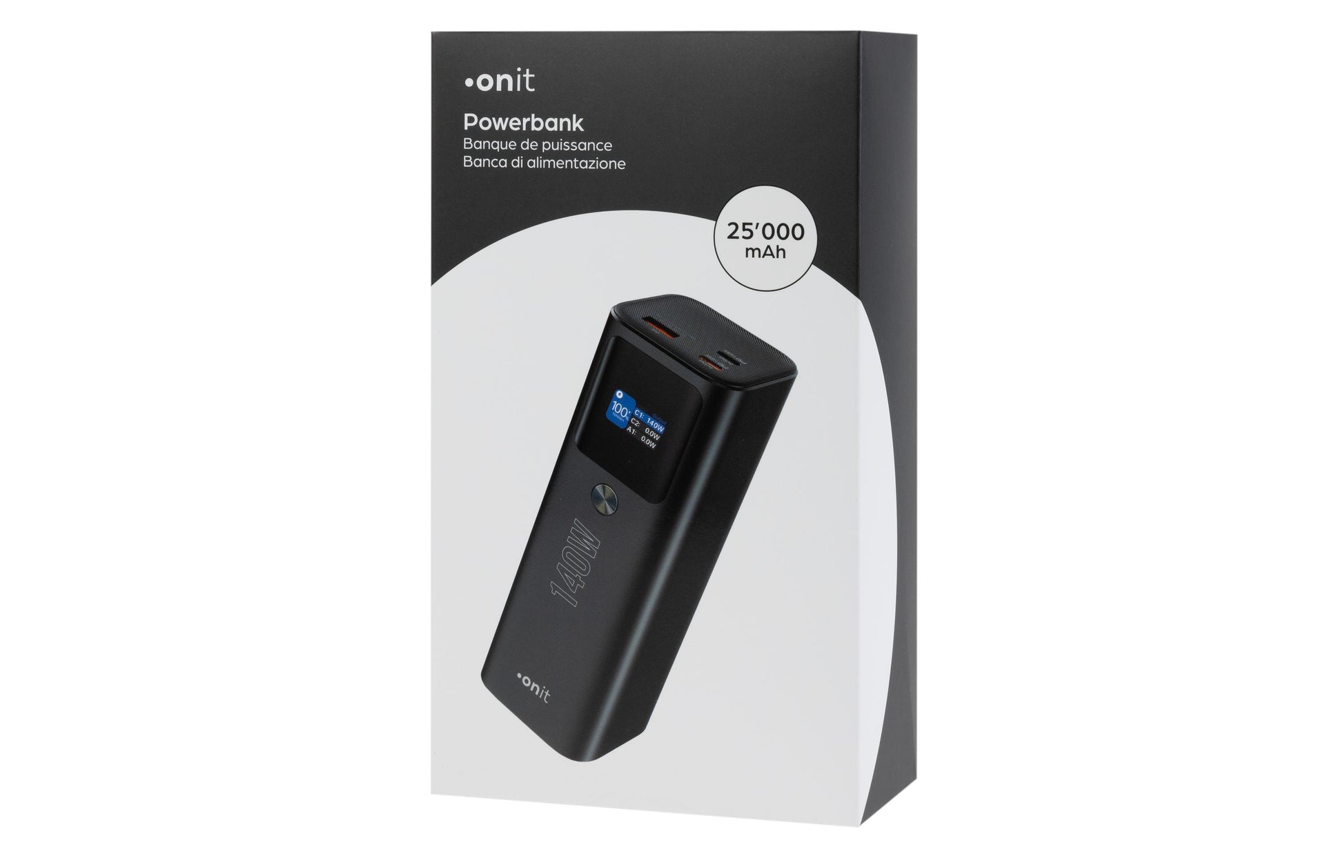 ONIT Powerbank 25000 mAh, PD 140 W, 2× USB-C, Pass-Through, Anthrazit
