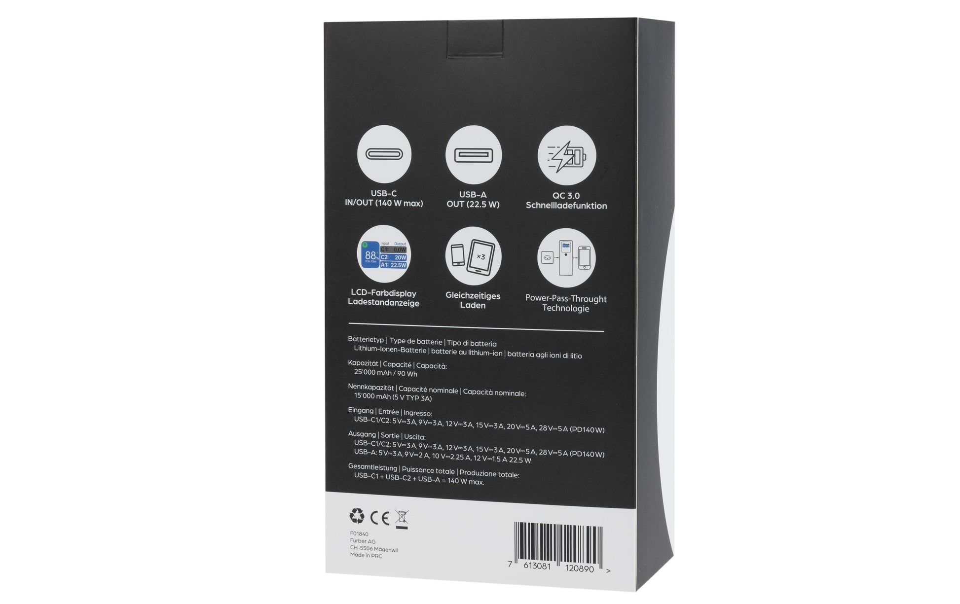 ONIT Powerbank 25000 mAh, PD 140 W, 2× USB-C, Pass-Through, Anthrazit