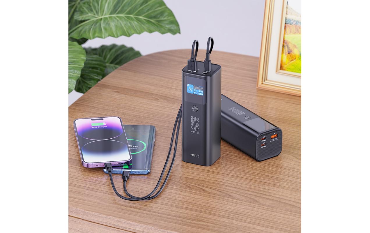 ONIT Powerbank 25000 mAh, PD 140 W, 2× USB-C, Pass-Through, Anthrazit