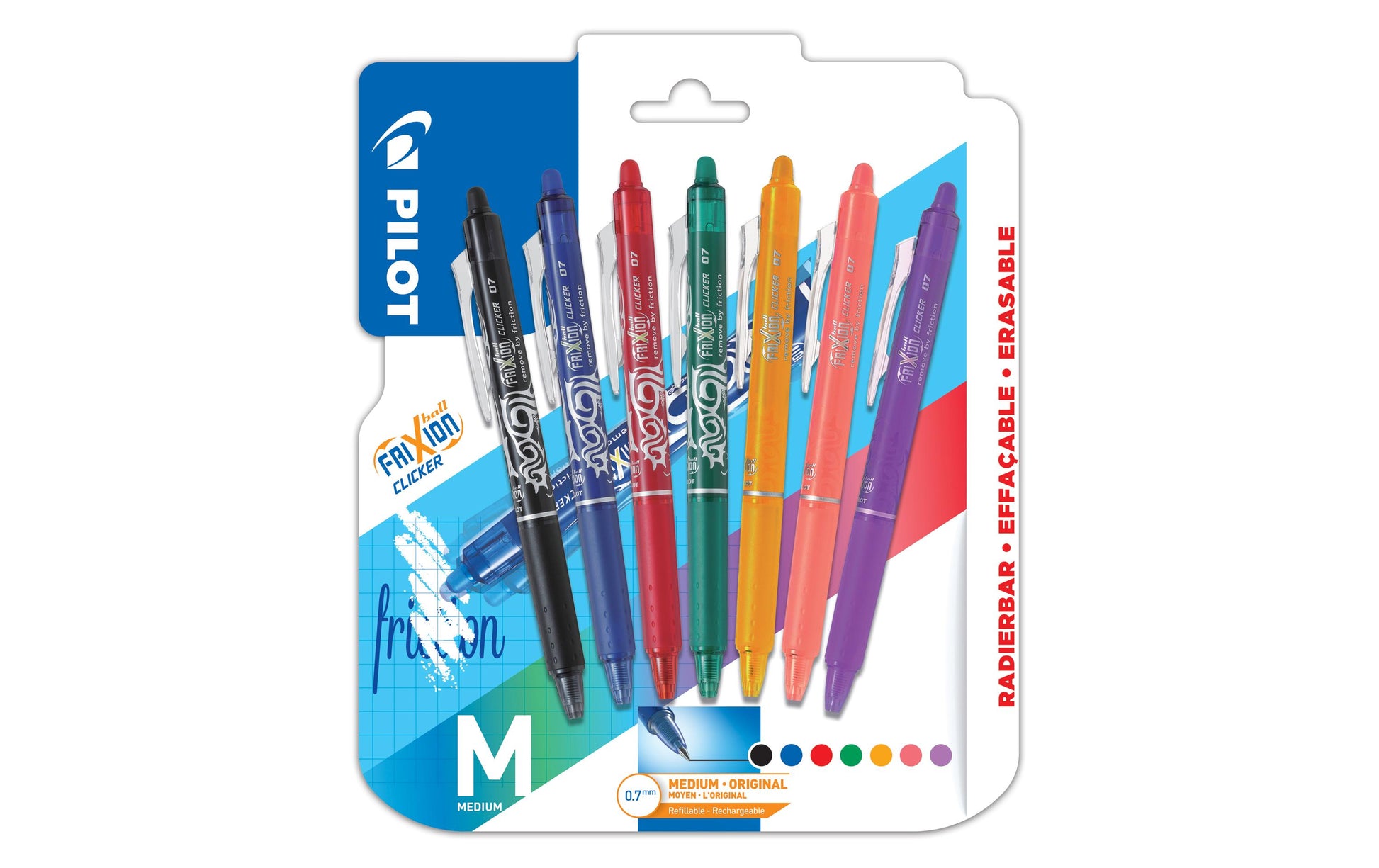 Pilot FriXion Ball Clicker – Radierbarer Tintenroller-Set, 0,7 mm, Schwarz/Blau/Rot u. a., 7er Etui
