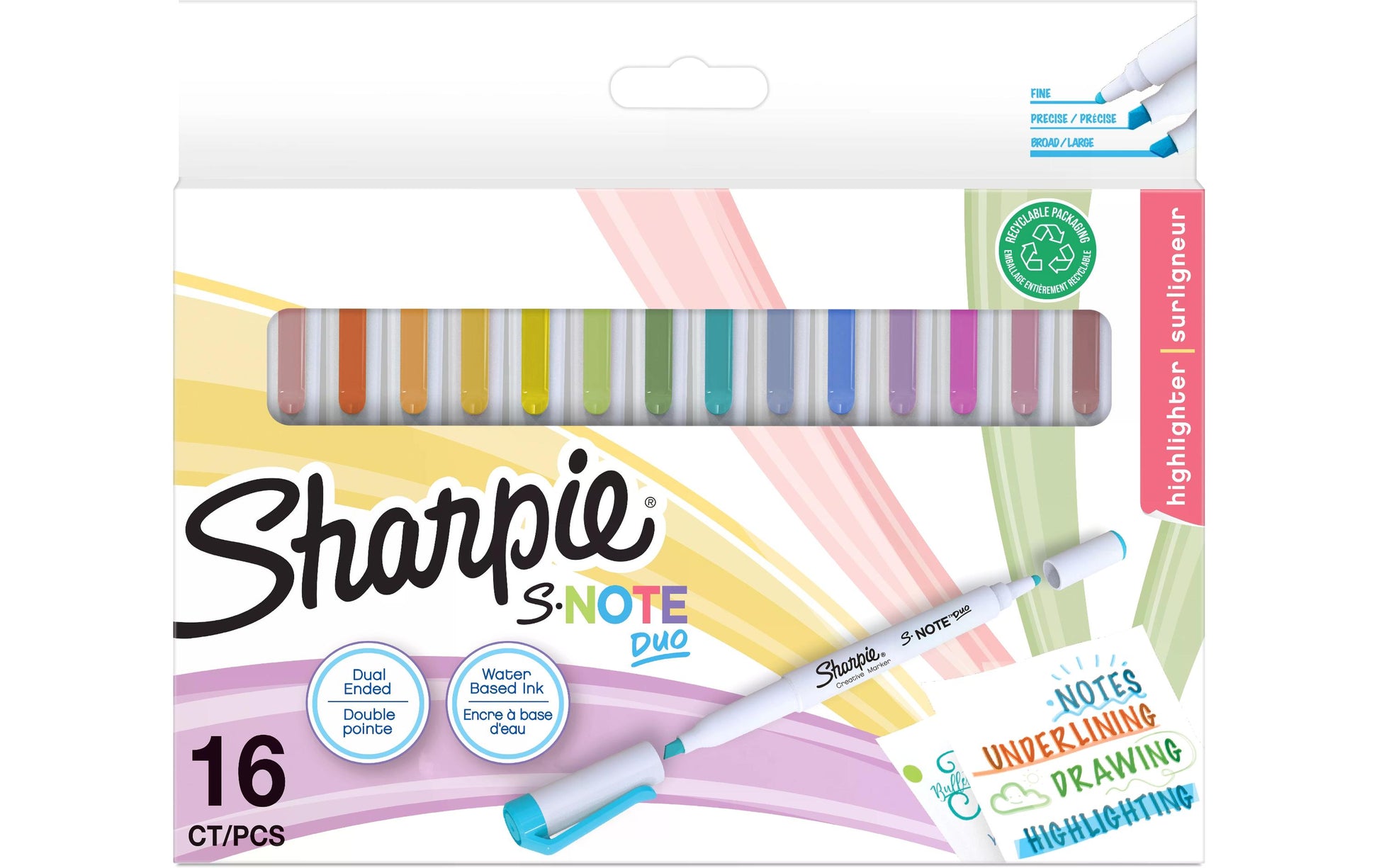 Sharpie S-Note Duo Textmarker – 16er Set, Farben: Blau/Braun/Grün …, Keil/Rund 1,5–3,5/1 mm, schnelltrocknend