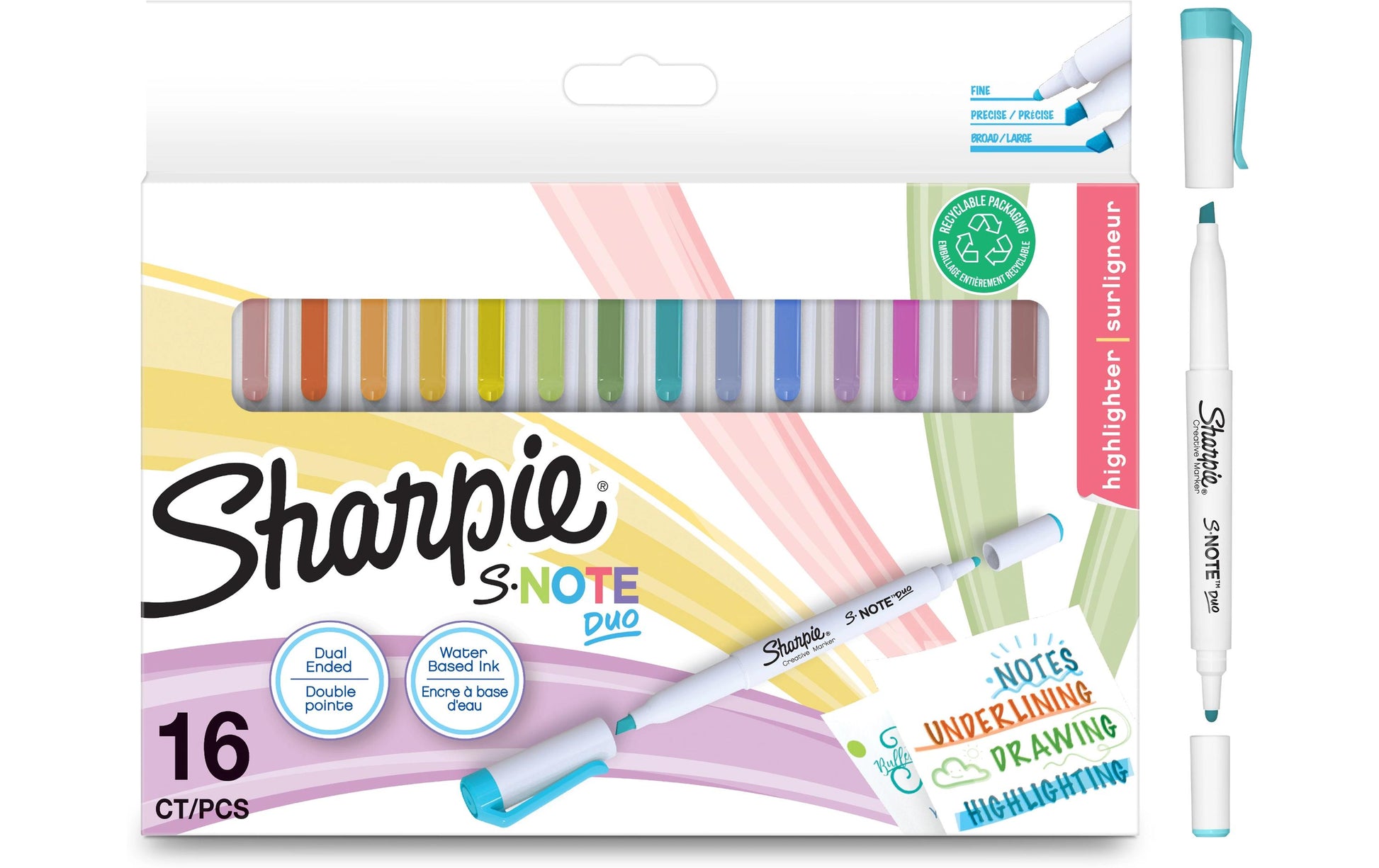 Sharpie S-Note Duo Textmarker – 16er Set, Farben: Blau/Braun/Grün …, Keil/Rund 1,5–3,5/1 mm, schnelltrocknend
