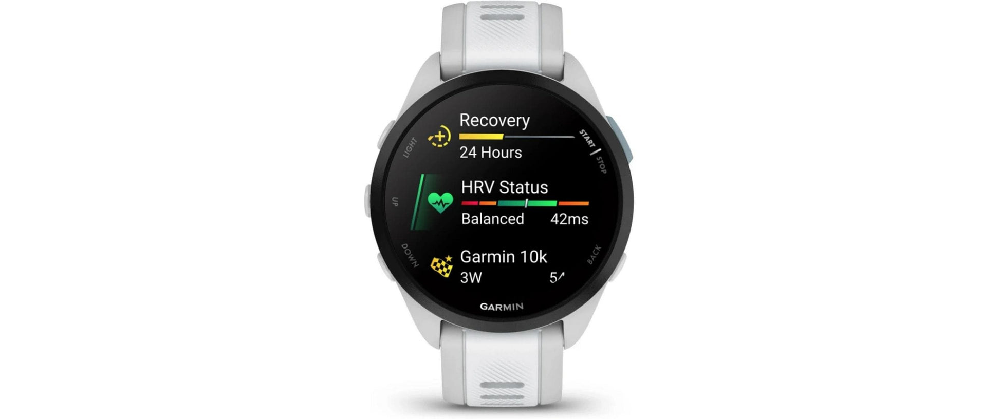 Garmin Forerunner 165 – GPS-Smartwatch – 43 mm, 1,2", GPS, AMOLED, 5 ATM, Hellgrau/Weiss, Sportarmband
