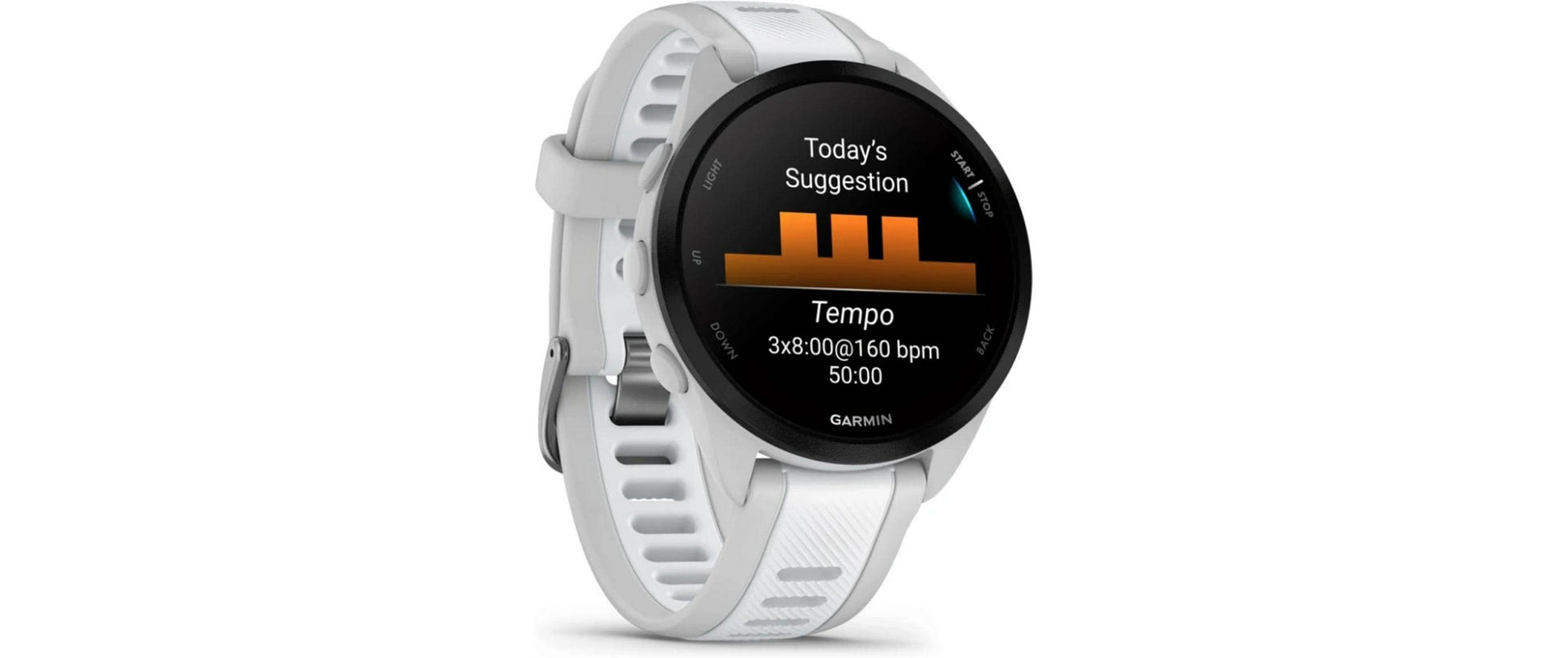 Garmin Forerunner 165 – GPS-Smartwatch – 43 mm, 1,2", GPS, AMOLED, 5 ATM, Hellgrau/Weiss, Sportarmband