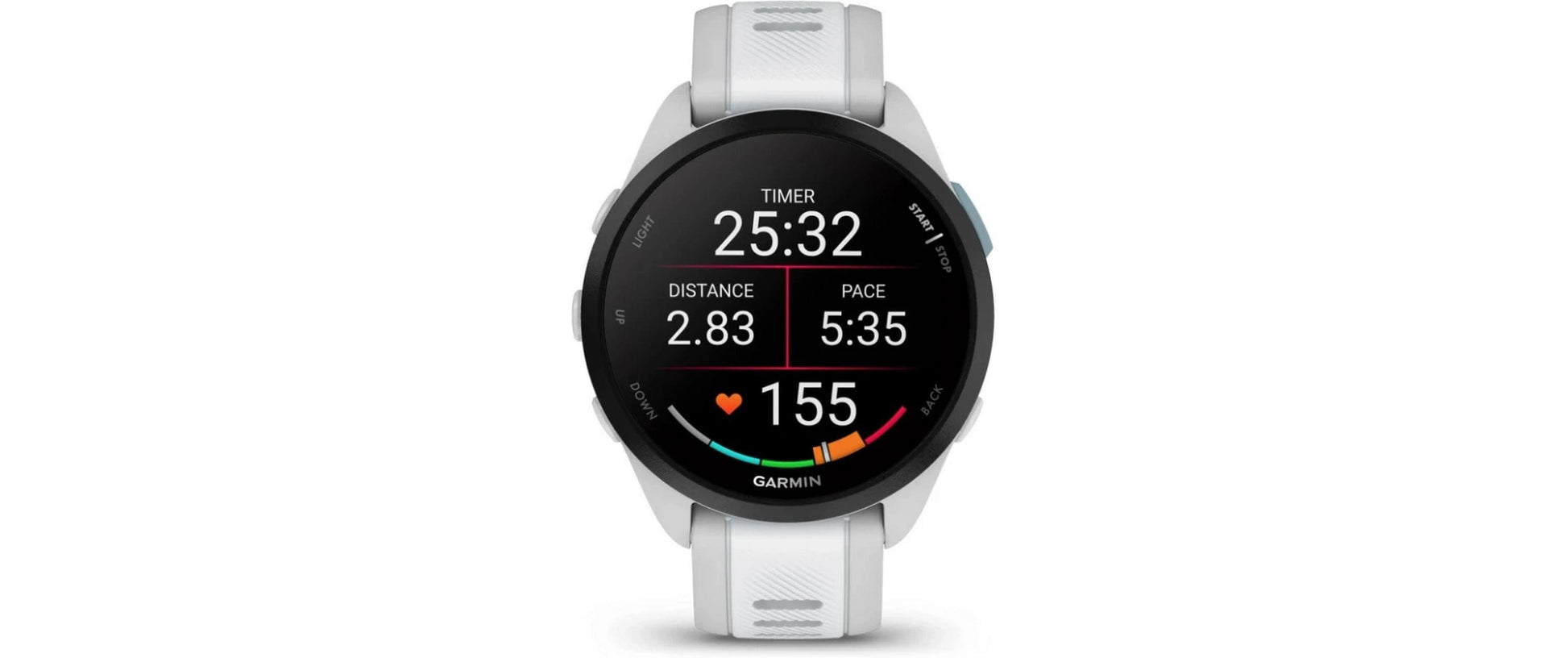 Garmin Forerunner 165 – GPS-Smartwatch – 43 mm, 1,2", GPS, AMOLED, 5 ATM, Hellgrau/Weiss, Sportarmband