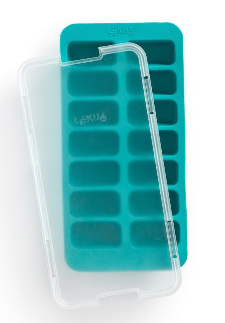 Lékué Rechteckige Eiswürfelform – 12 × 23 × 3,2 cm, Kunststoff (SBS), Türkis, 14 Eiswürfel, mit Deckel