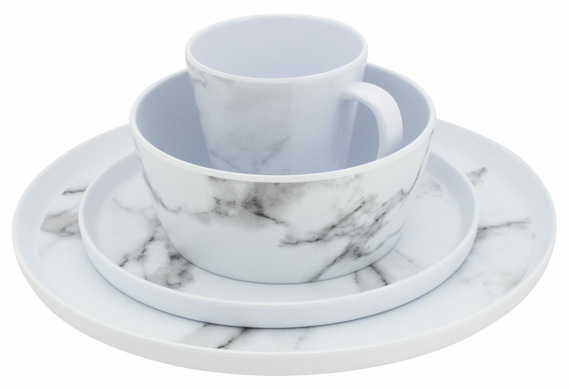 Eurotrail Geschirrset Marble ETKW2071 – 16-teiliges Set, Ø 27 cm, Melamin, Weiss