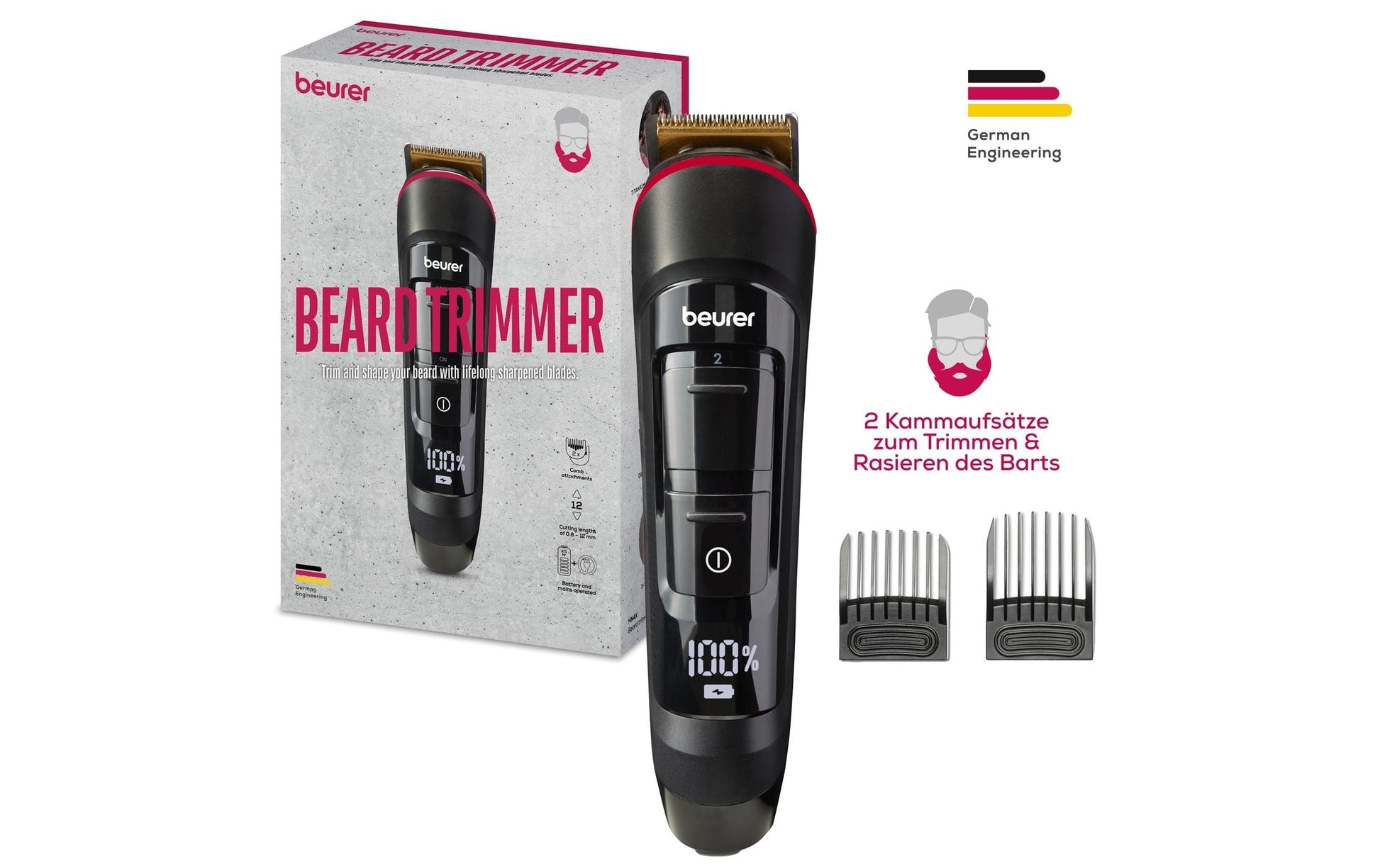 Beurer Barttrimmer MN4X – 0,8–12 mm Schnittlänge, Li-Ion-Akku, 90 min, 1,5 h Ladezeit – schwarz