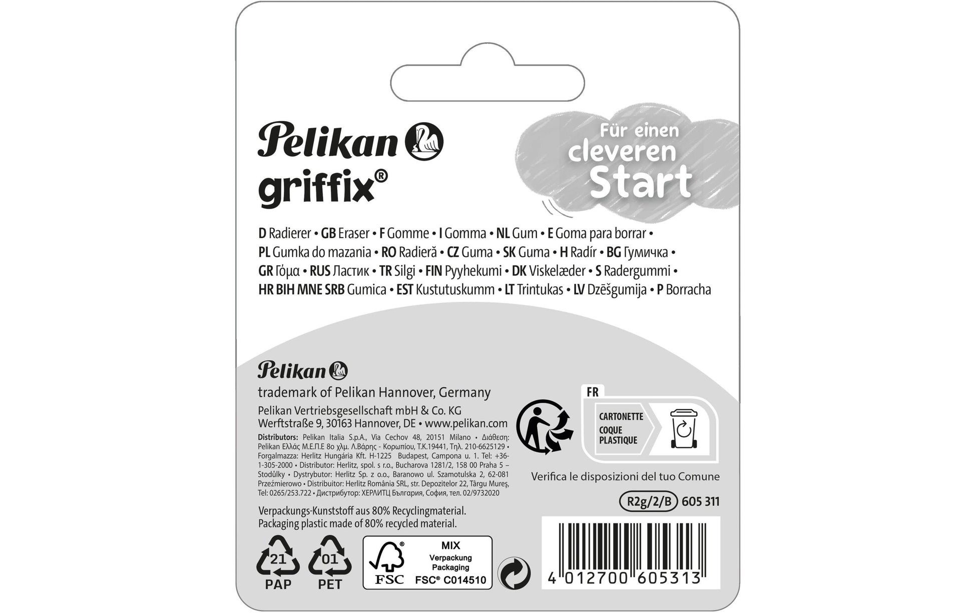 Pelikan Radierstift Griffix 605311 – Dreikantgriff, präzise & abgerundete Spitze, weiss & blau, 2 Stk.