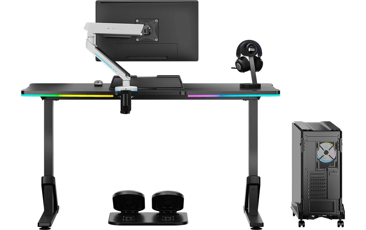 Ultradesk Iron Gaming-Tisch – 132,5 × 60,5 cm, höhenverstellbar, LED-Beleuchtung, schwarz, Stahl