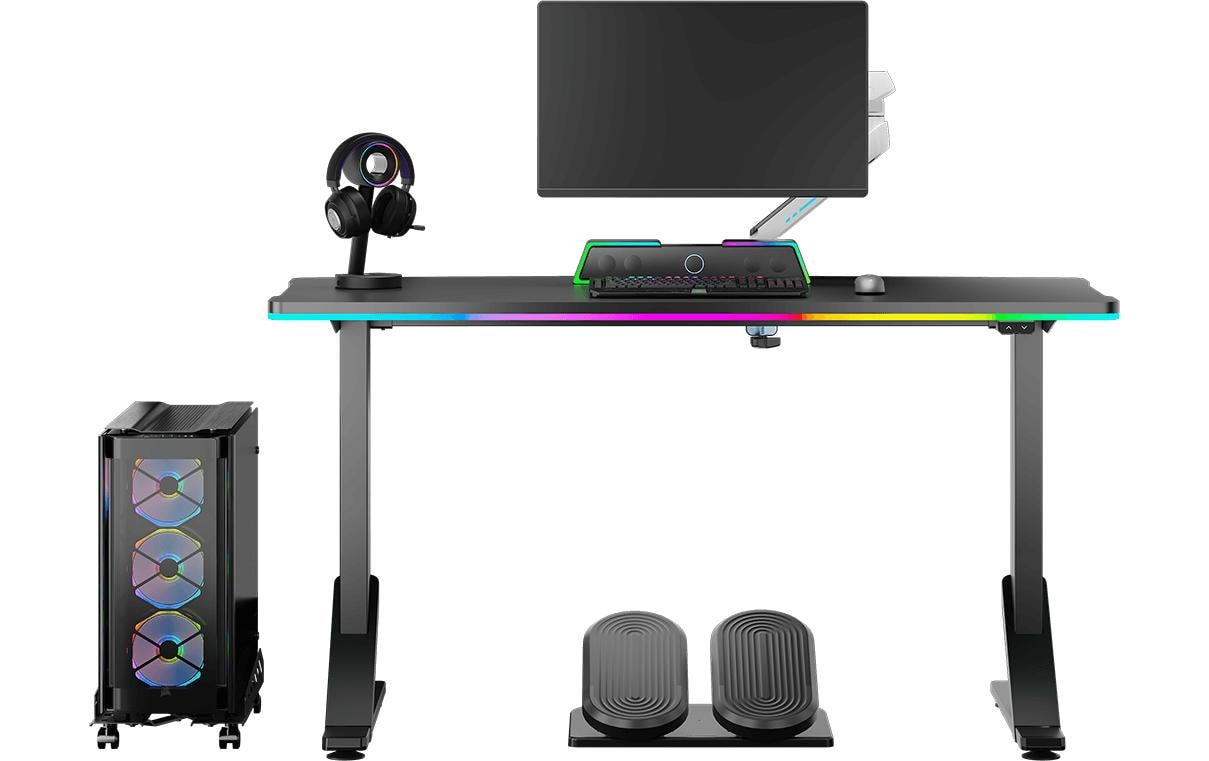 Ultradesk Iron Gaming-Tisch – 132,5 × 60,5 cm, höhenverstellbar, LED-Beleuchtung, schwarz, Stahl