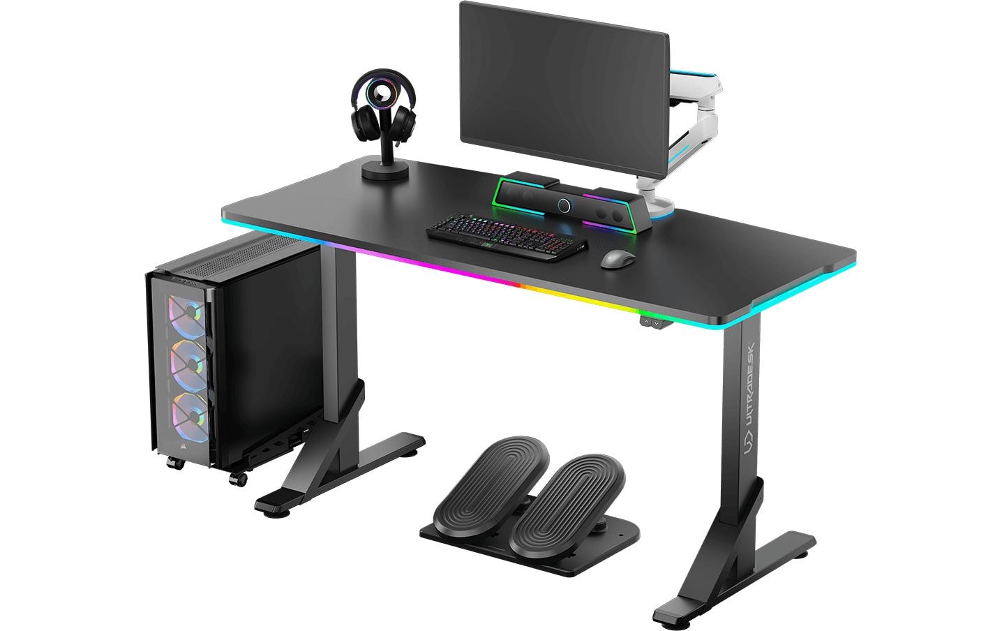 Ultradesk Iron Gaming-Tisch – 132,5 × 60,5 cm, höhenverstellbar, LED-Beleuchtung, schwarz, Stahl