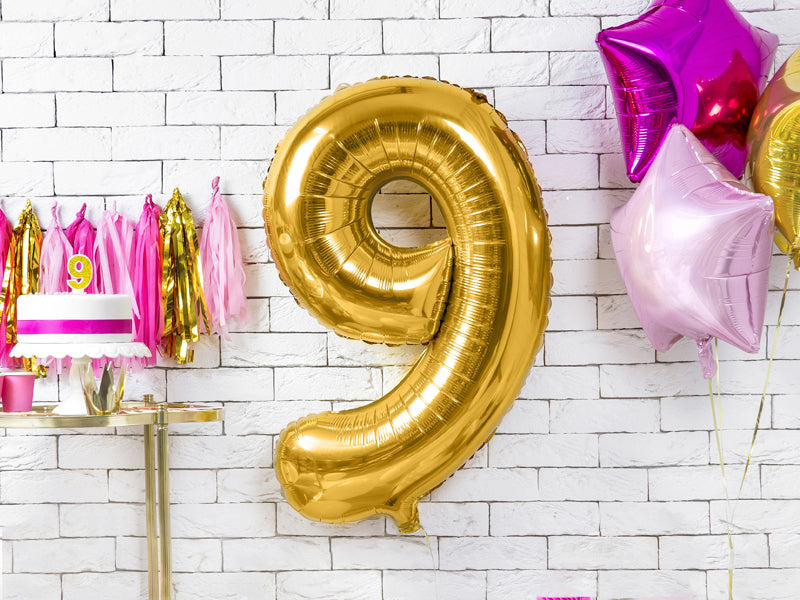 PartyDeco Folienballon Zahl 9 – 86 cm – Gold – 1 Stück