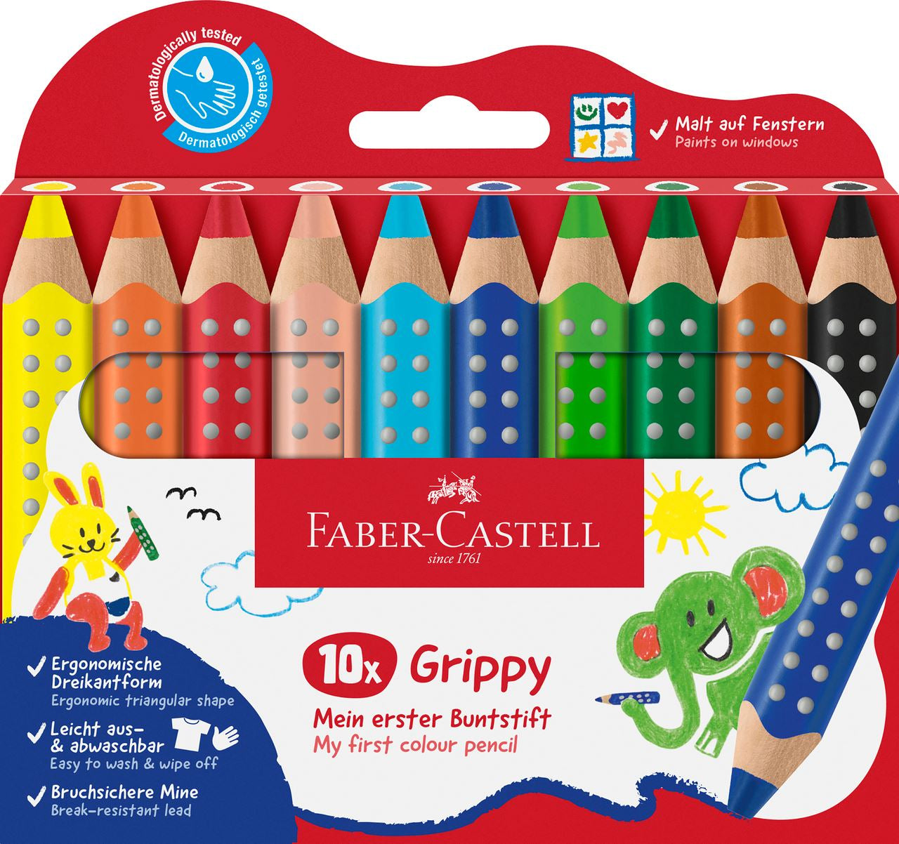 Faber-Castell 3-in-1 Farbstifte Grippy – 10 Farben, im Kartonetui, Ø 3 mm, dreikantig