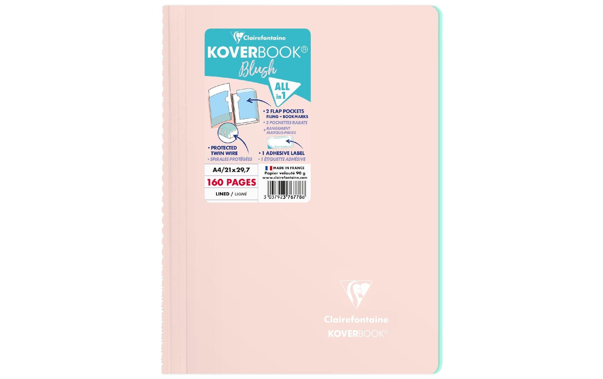 Clairefontaine Collegeblock – A4 – 90 g/m² – Doppelspirale, 2 Taschen, abgerundete Kanten, hellrosa, PEFC